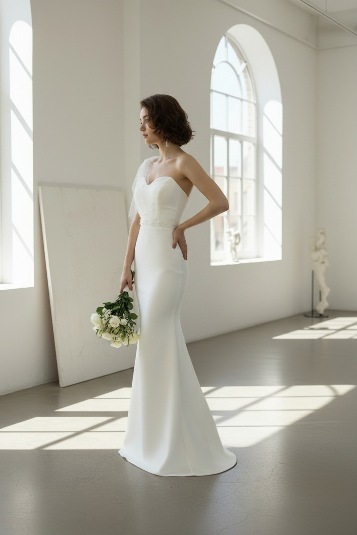 ENDAMIM Off White Lace Pearl Detailed One Shoulder Sweetheart Neckline ENDAMIM Off White Lace Pearl Detailed One Shoulder Sweetheart Neckline