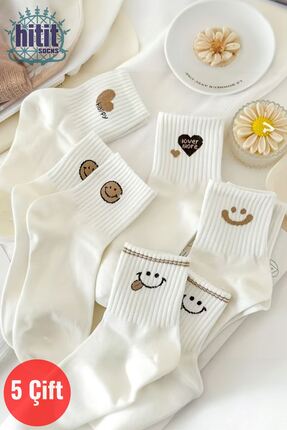 Hitit Socks Kadın 5 Çift Premium Kalite Gülen Surat ve Kalp Desenli Kısa Soke...