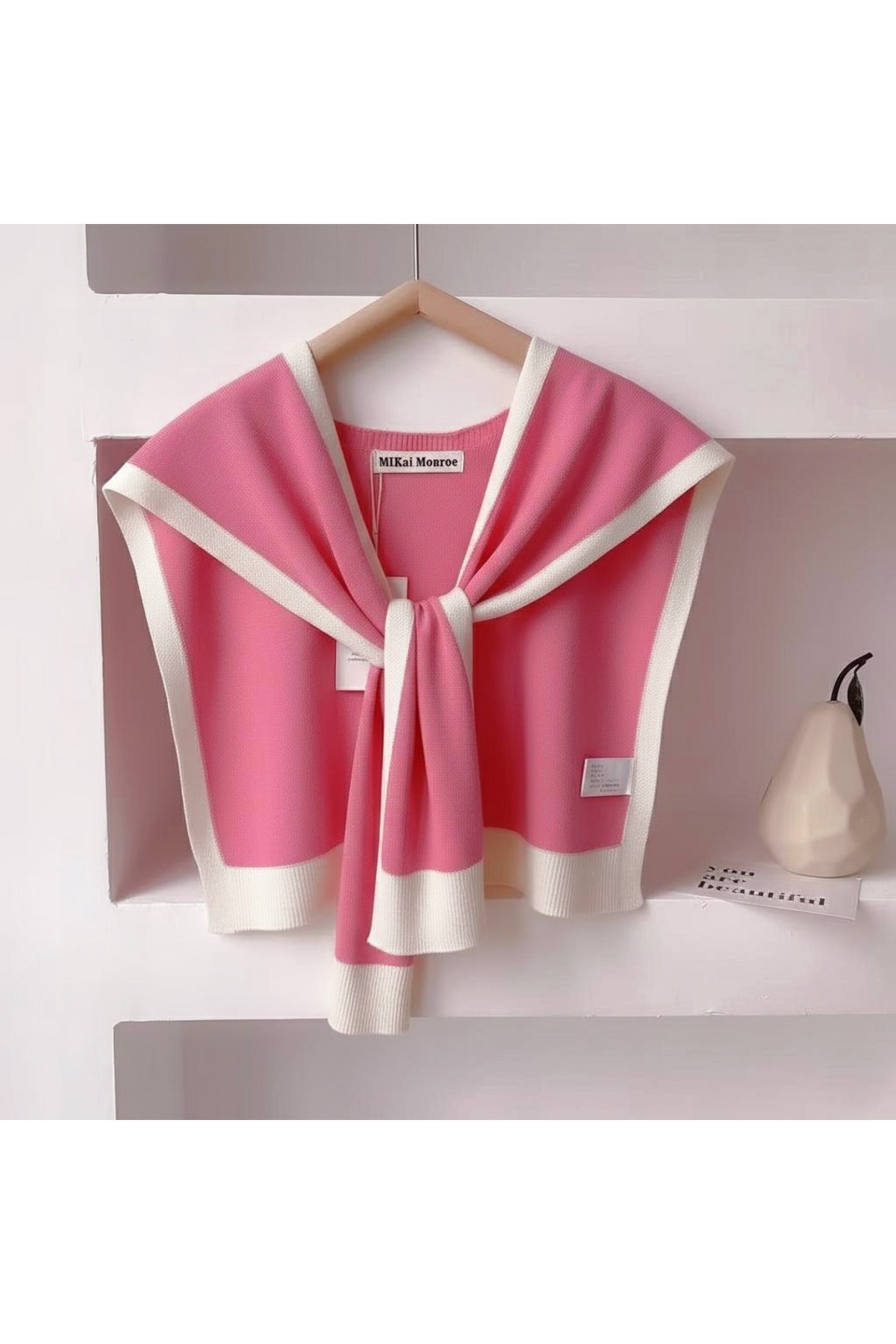 ElevaGlam Yeni Stil Triko Omuz Şalı Pembe Beyaz Desenli