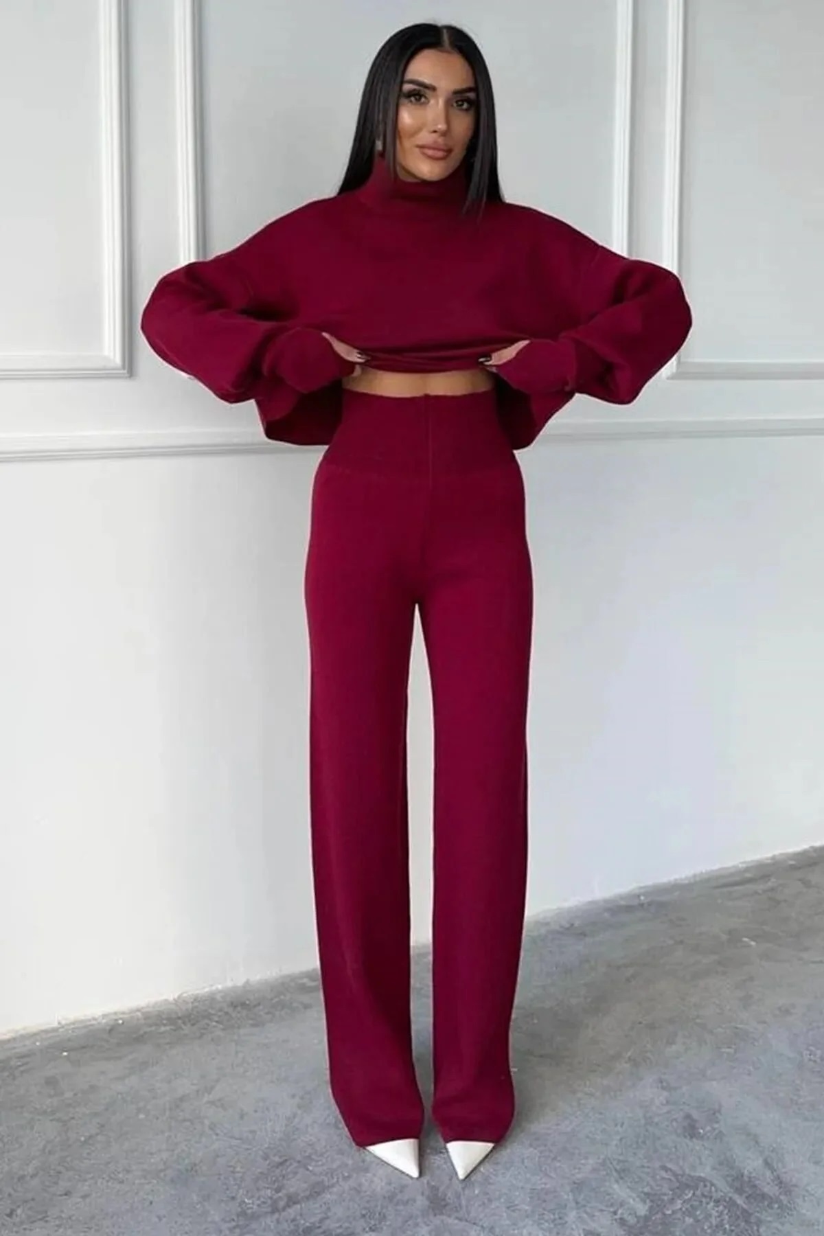 Women's Knitwear High Waist Elastic Pants Turtleneck Finger Detailed Sweater Thinky Set