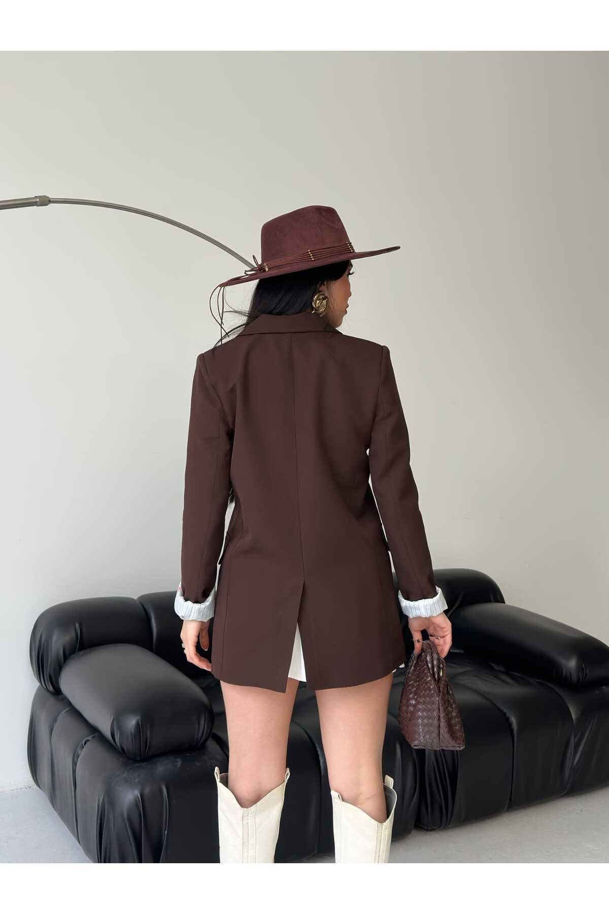 MYGİYİMİSTANBUL  Blazer Ceket Kadın-Düğme Detay Çizgili İç Astar Blazer Ceket - Görsel 7