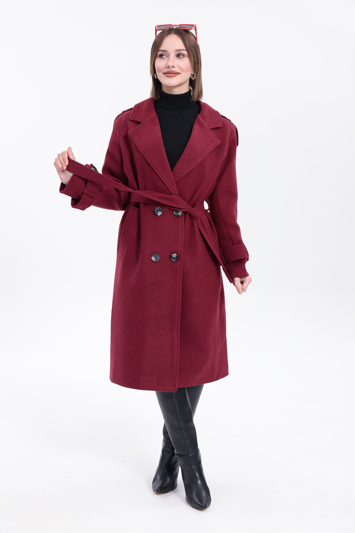 My Loore  Morena Regular Fit Bordo Düğmeli Uzun Kaşe Kaban (Yeni Sezon) - Görsel 6