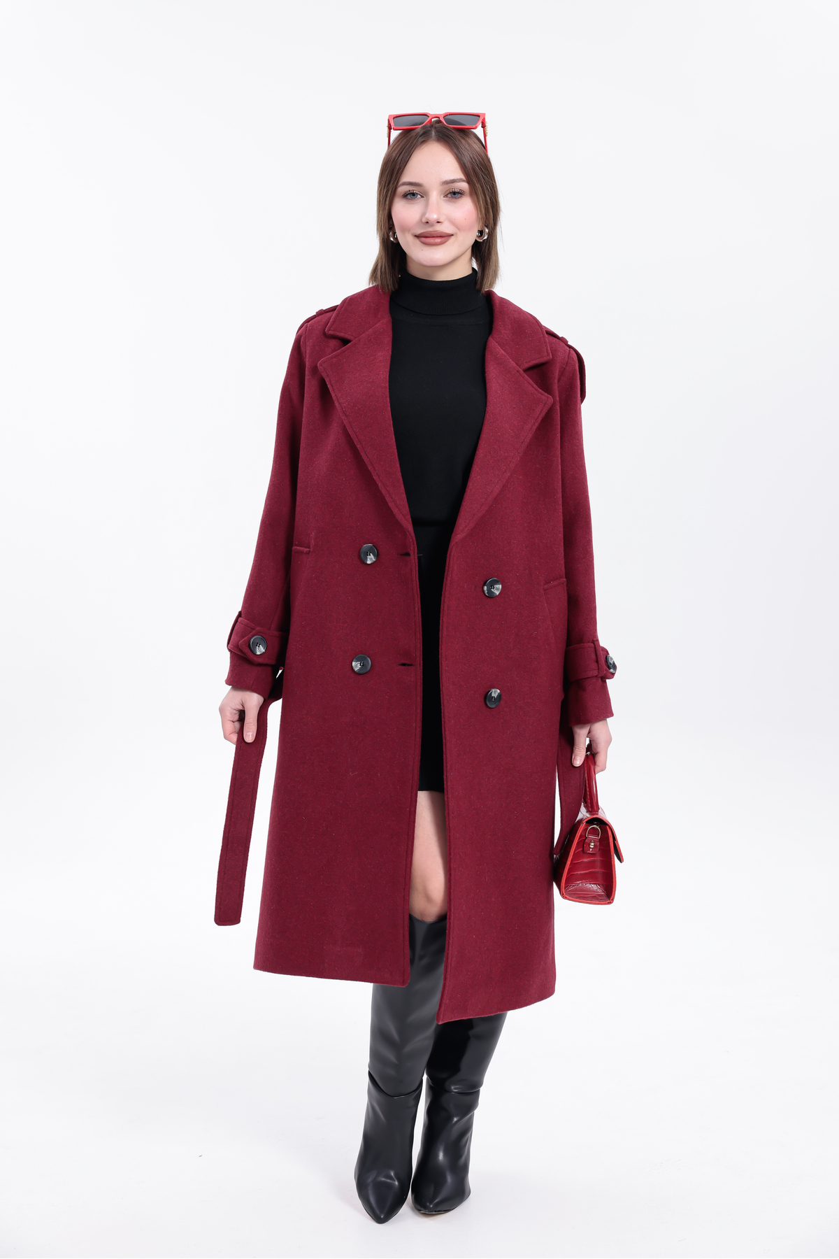 My Loore  Morena Regular Fit Bordo Düğmeli Uzun Kaşe Kaban (Yeni Sezon) - Görsel 2