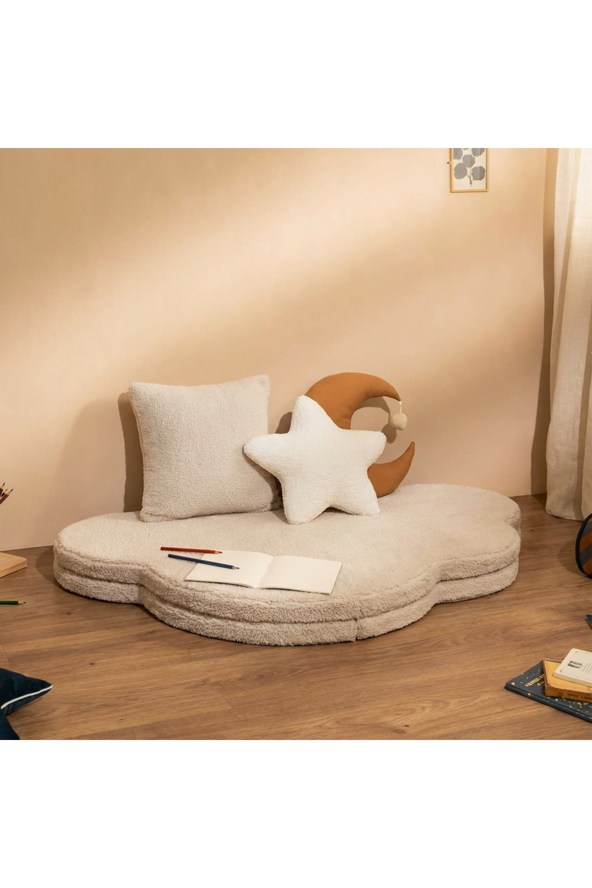 pufftable puftable montessori bulut oyun minderi,teddy kumaş krem,oyun halısı ve matı 5 cm sünger 2 parça fotoğrafı 2 (önizleme)