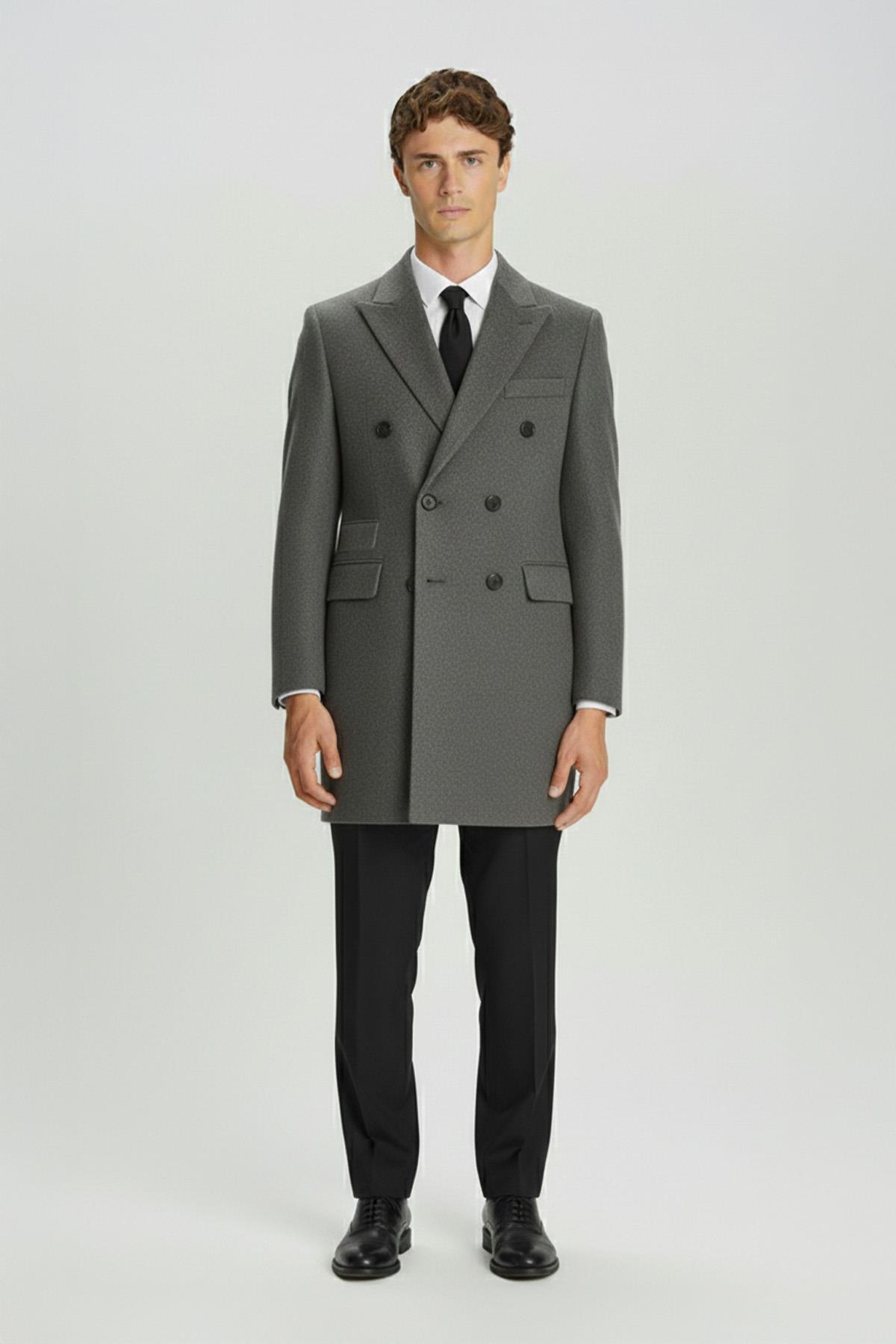 Sabri Özel  Giotelli Antrasit Slim Fit Yün Karışımlı Sivri Yaka Kruvaze 6 Drop Orta Boy Erkek Palto - Görsel 2