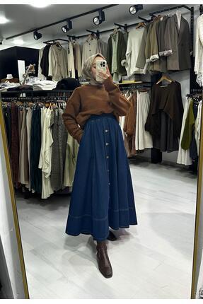 Muennesofi Koyu Lacivert Düğmeli Kot Kloş Etek