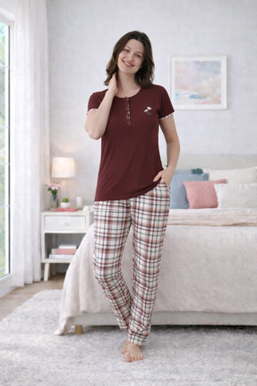 FORMO PREMIUM Kadın Viskon Yüksek Kalite Ekoseli Kısa Kollu Yazlık Pijama Takımı
