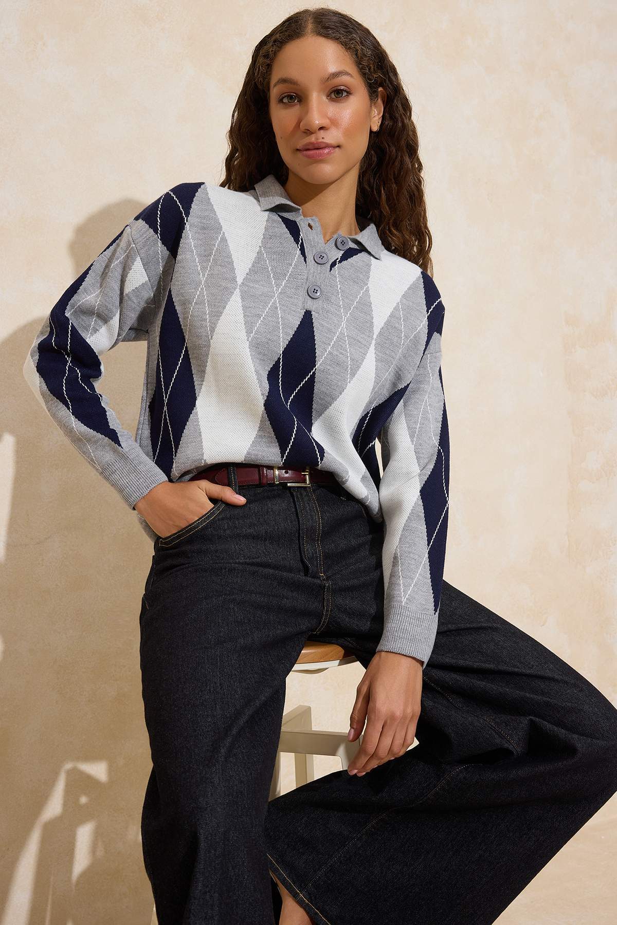 Trendyolmilla  Gri Baklava Desenli Geniş Kalıp Triko Kazak TWOAW26KZ00299