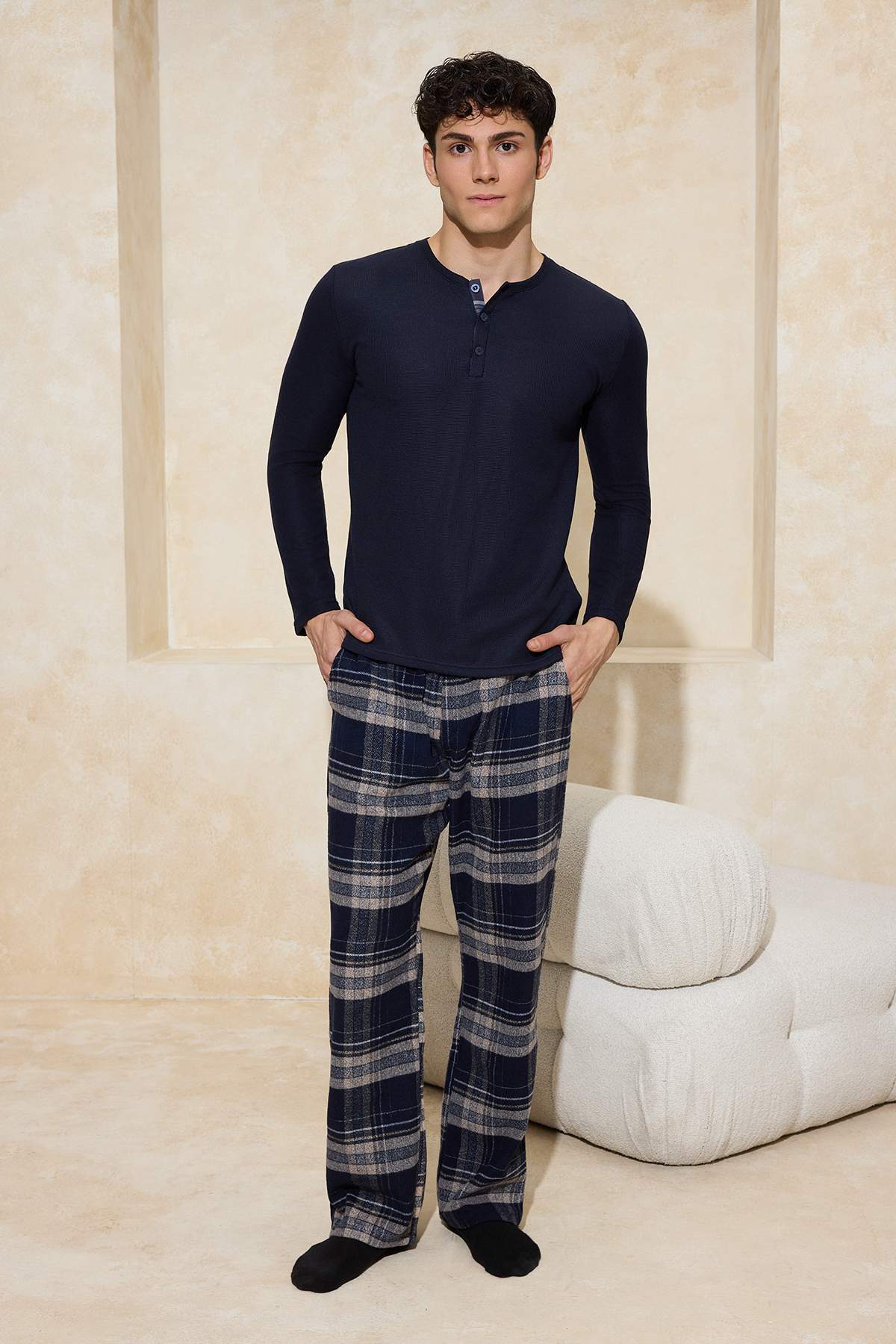 Trendyolmilla Man Lacivert Geniş Kalıp Ekose / Kareli Dokuma Pijama Altı TMNAW24PJ00019