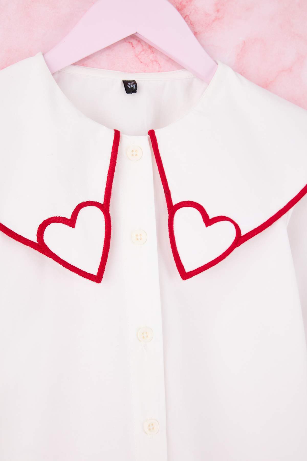 Trendyolmilla  Ekru Bebe Yaka Kalp Desenli 23 Nisan DokumaKız Çocuk Bayramlık Gömlek TKDSS26GO00003 - Görsel 5