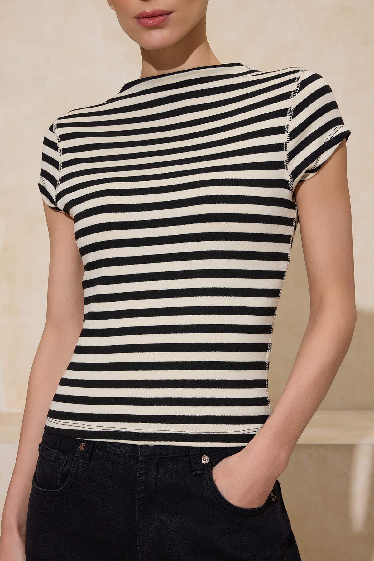 Trendyolmilla  Siyah Çizgili Fitted/Vücuda Oturan Dik Yaka Kısa Kollu Yumuşak Örme Bluz TWOSS26BZ00079 - Görsel 3