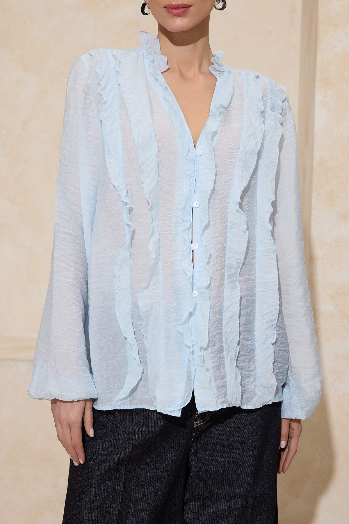 Trendyolmilla  Bebe Mavisi Transparan Fırfırlı Dokuma Gömlek TWOSS26GO00021 - Görsel 3