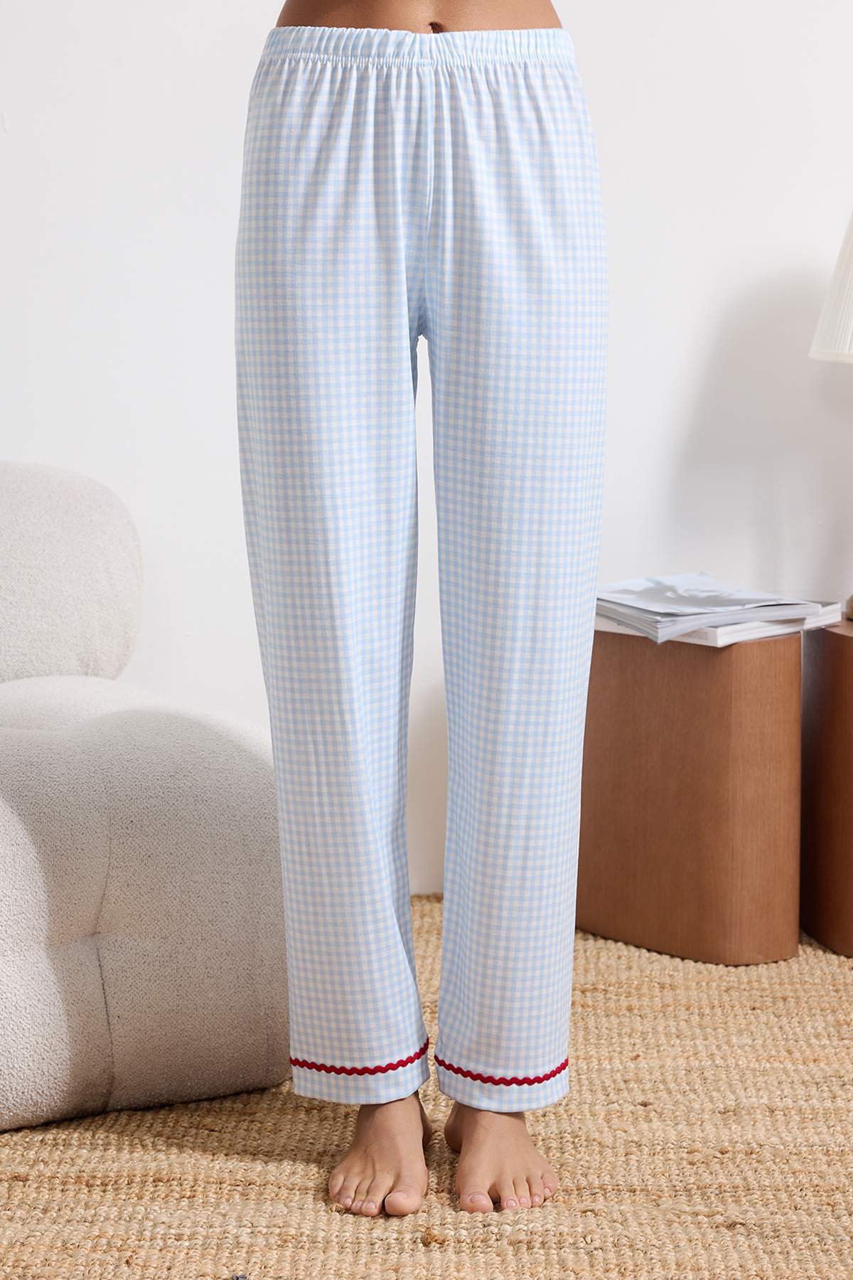 Trendyolmilla  Mavi 3'lü Ekoseli Kirazlı Şerit Detaylı Örme Pijama Takımı THMSS26PT00062 - Görsel 4