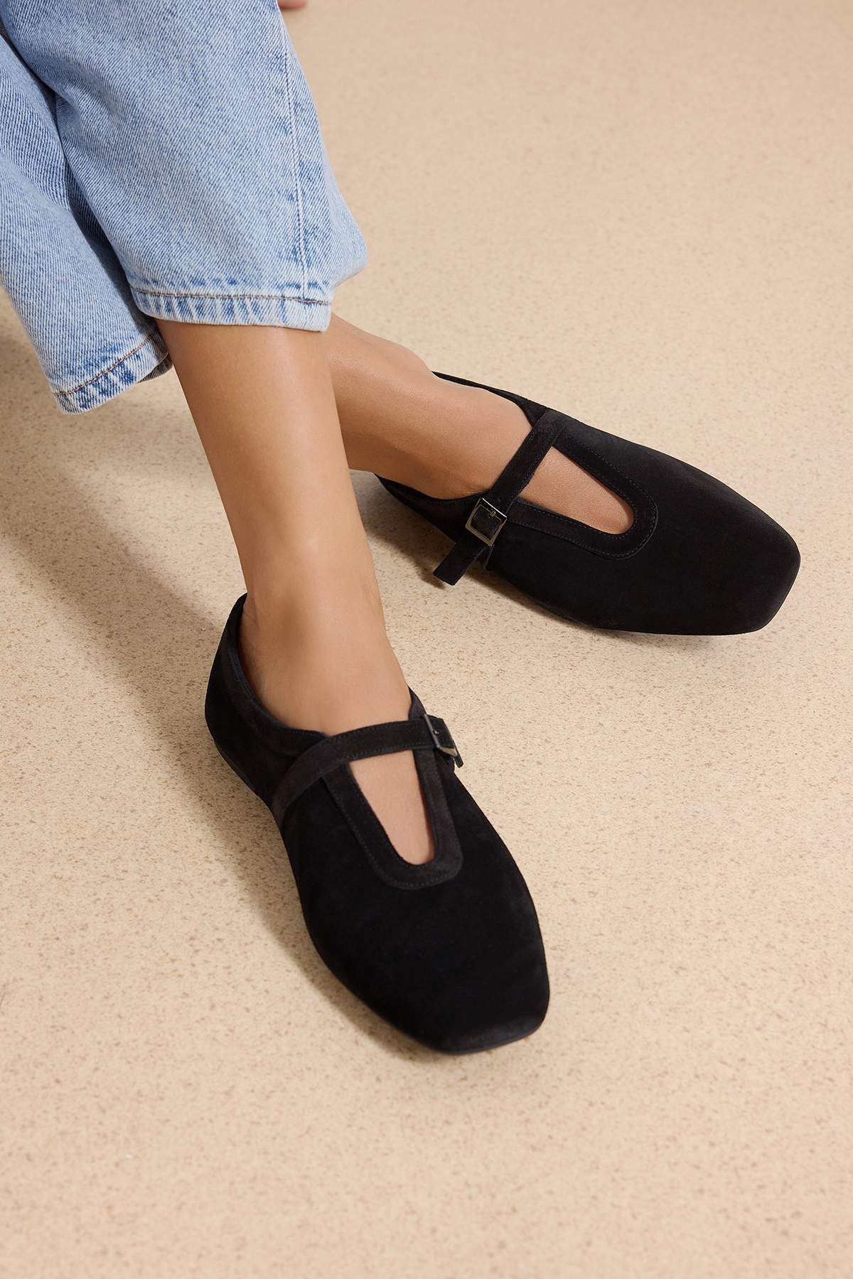 Trendyol Shoes Black Genuine Suede Mary Jane Women's Ballerinas Takss26Be00012