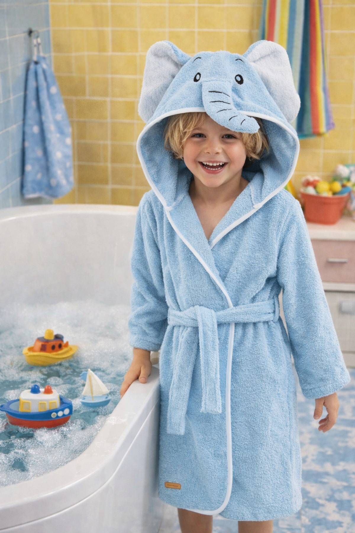 Kids Hooded Bathrobe Cotton Men's Bathrobe Elephant Animal Blue