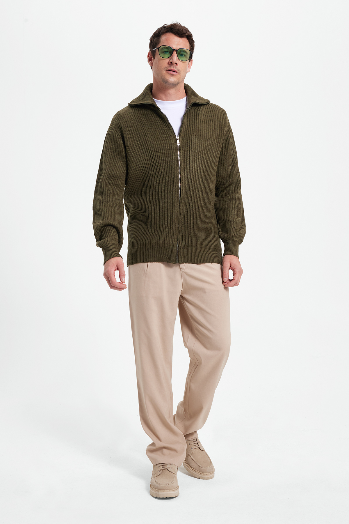 Tudors  Erkek Slim Fit Dik Yaka Fermuarlı Haki Düz Hırka - Görsel 3