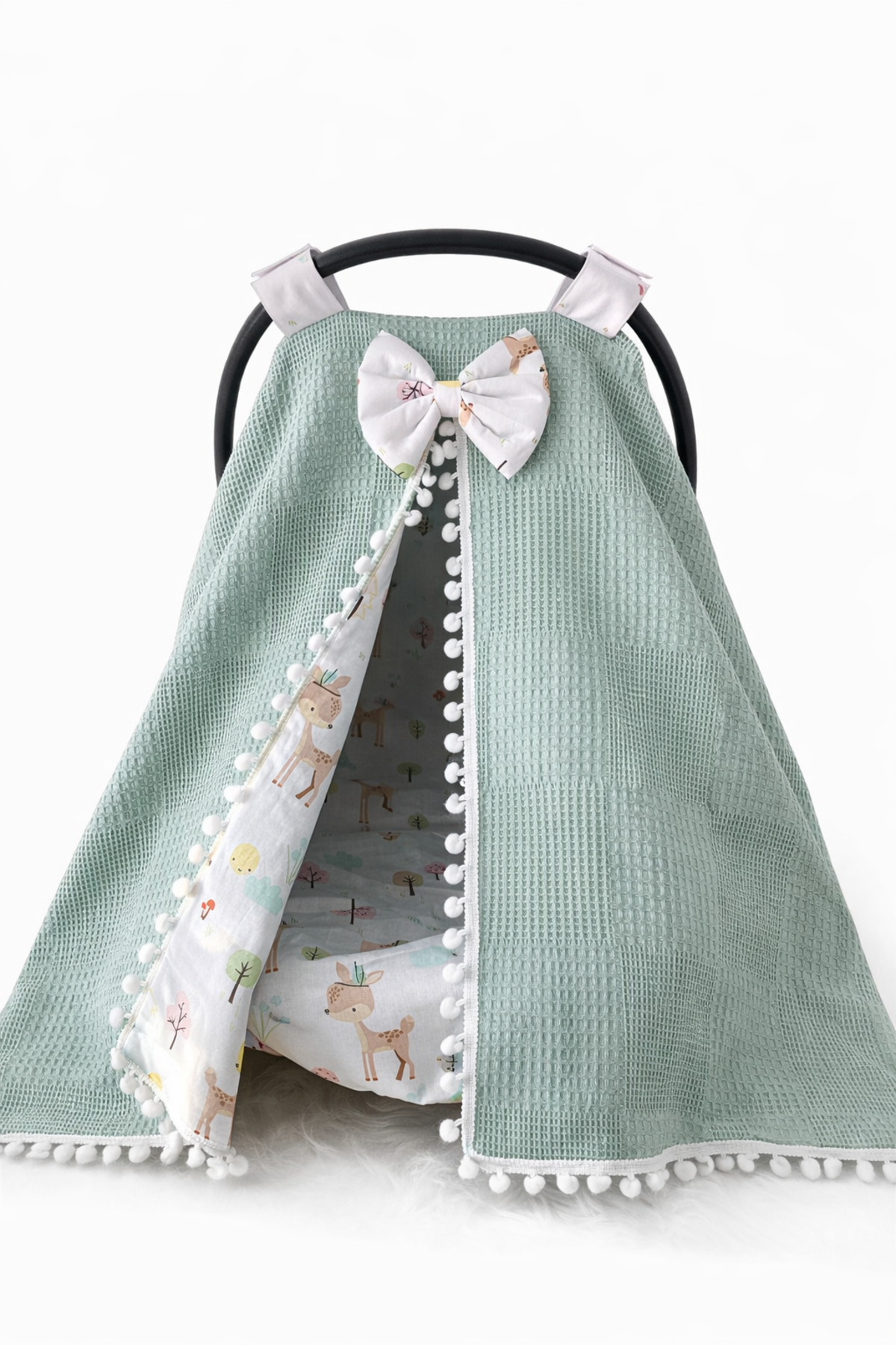 Jaju Baby Pike Kumaş Ceylan Desenli Ponponlu Puset Örtüsü fotoğrafı 2 (önizleme)