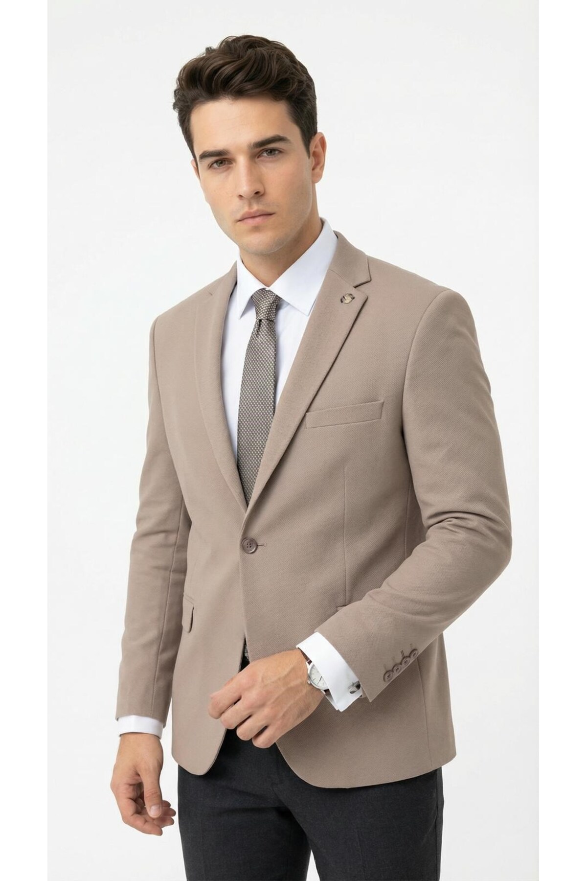 Plus Scorpion  Erkek Slim Fit Tek Düğmeli Blazer Ceket – Vizon Renk, Şık ve Modern Kesim