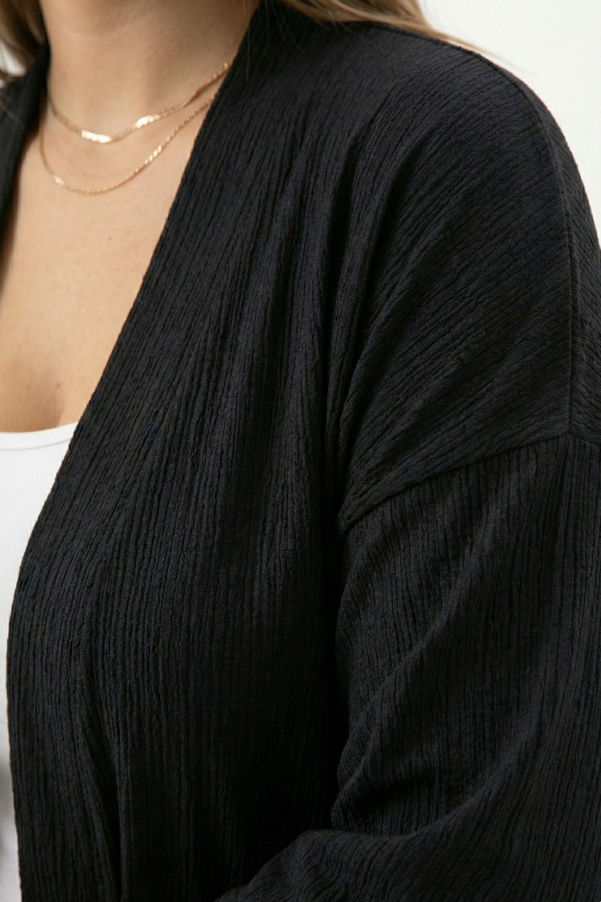 Talvien  Büyük Beden Kimono Hırkalı 2’li Takım – Bürümcük Kumaş Oversize Şık Set - Görsel 4