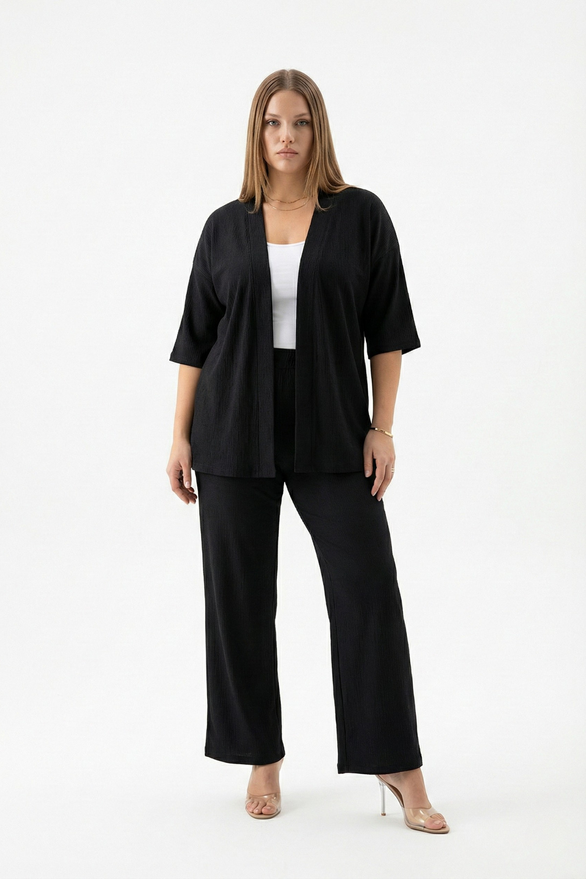 Talvien  Büyük Beden Kimono Hırkalı 2’li Takım – Bürümcük Kumaş Oversize Şık Set