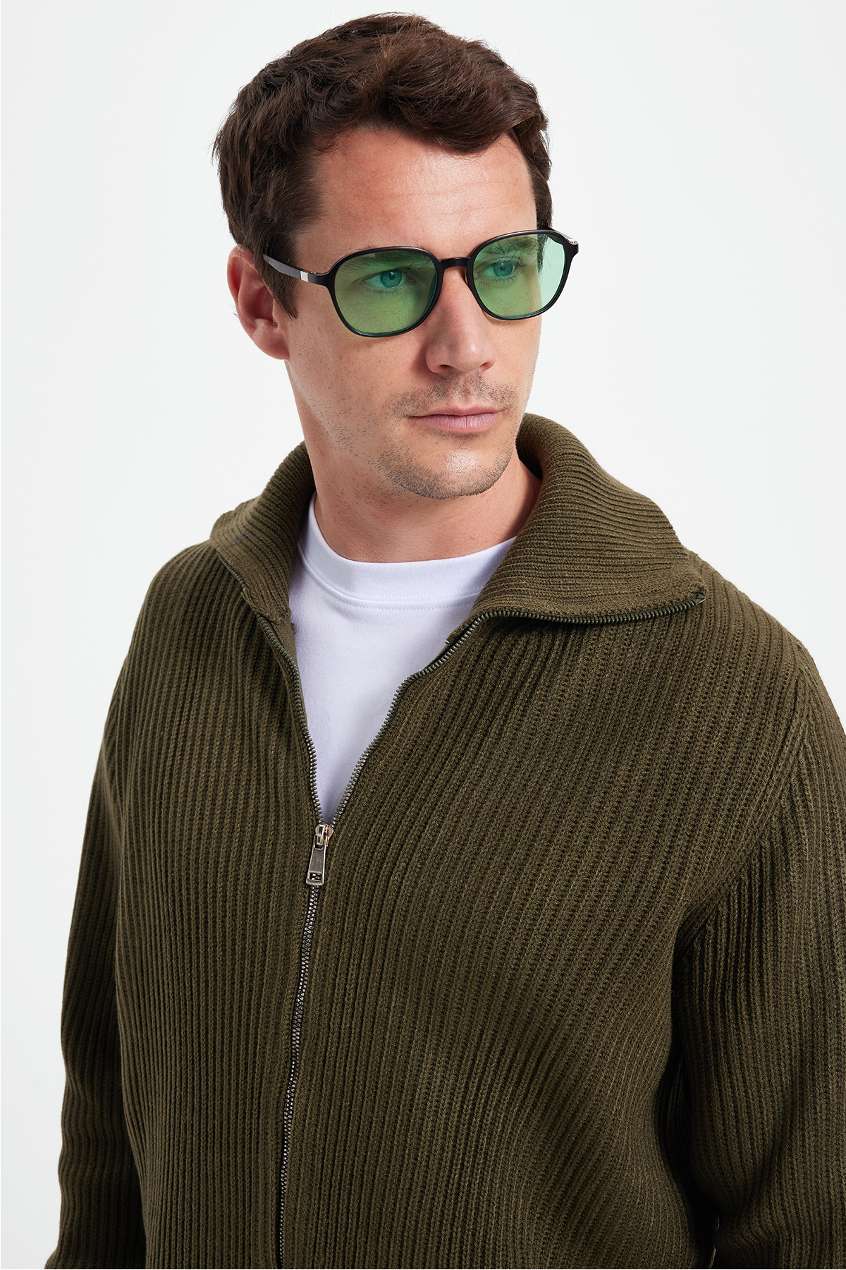 Tudors  Erkek Slim Fit Dik Yaka Fermuarlı Haki Düz Hırka - Görsel 2