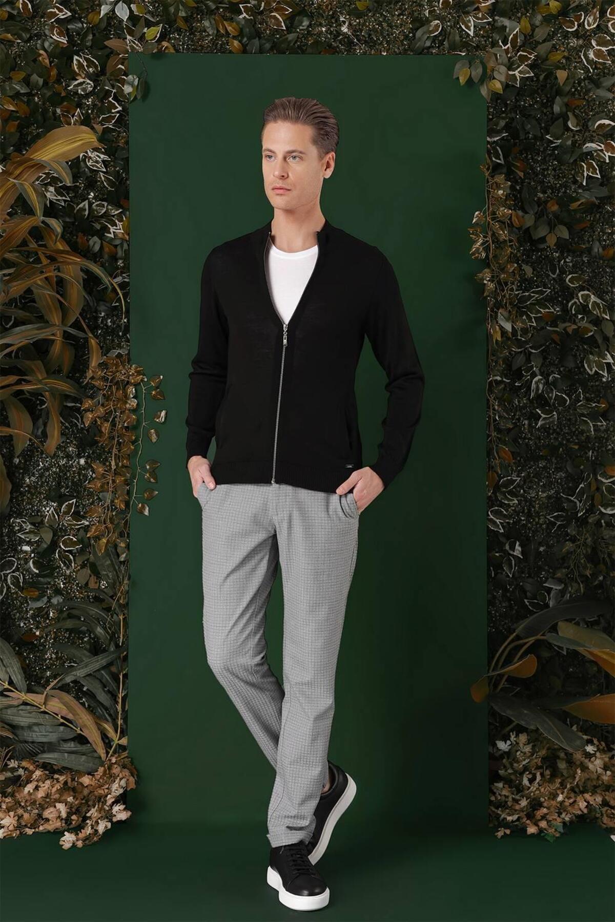 Efor Erkek Slim Fit Ribanalı Yünlü Fermuarlı Hırka Siyah Triko Kazak TR 860 görsel 5