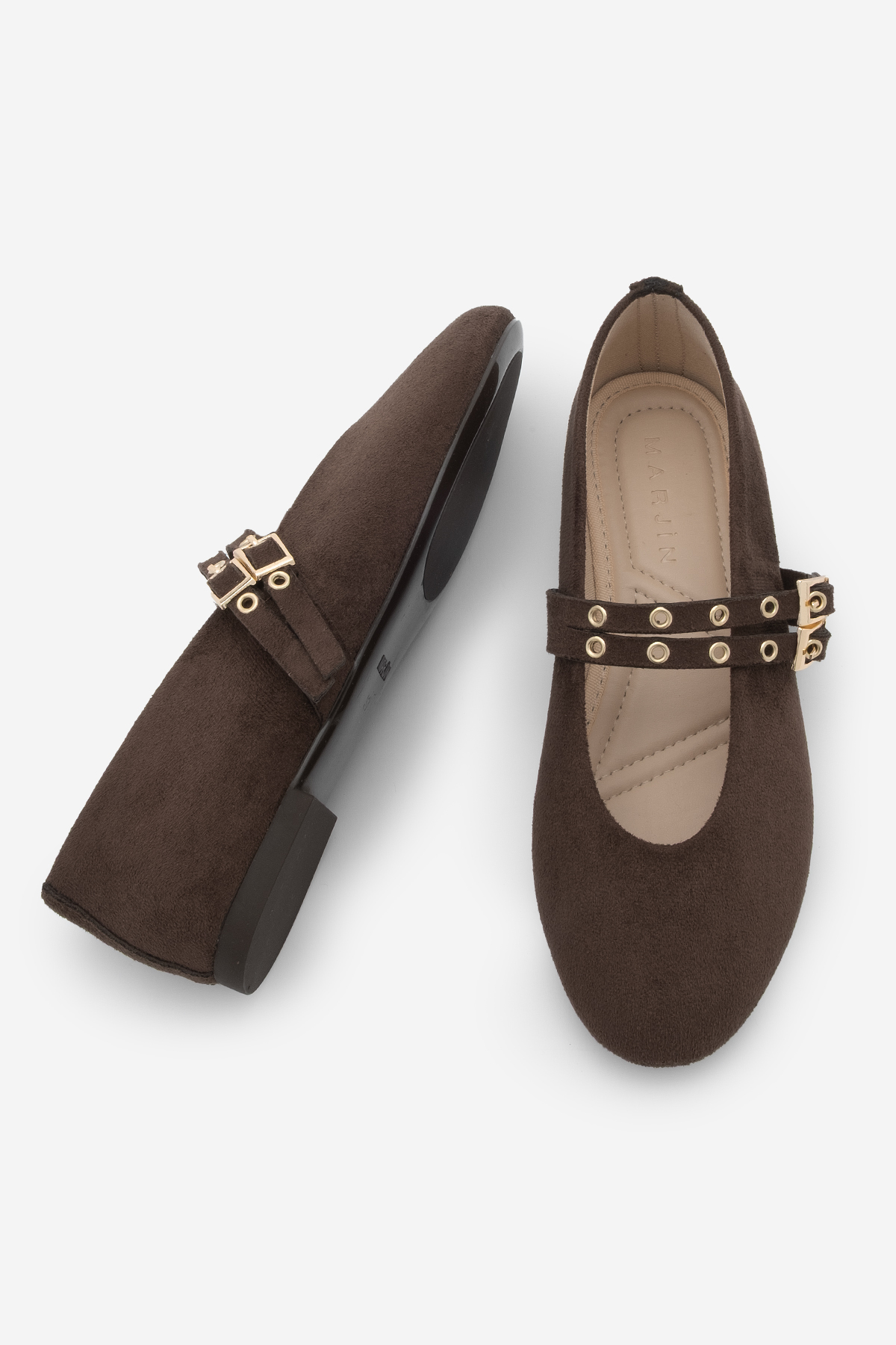 Marjin  Kadın Çift Bantlı Zımbalı Günlük Babet Bekosa Kahve Süet - Görsel 8