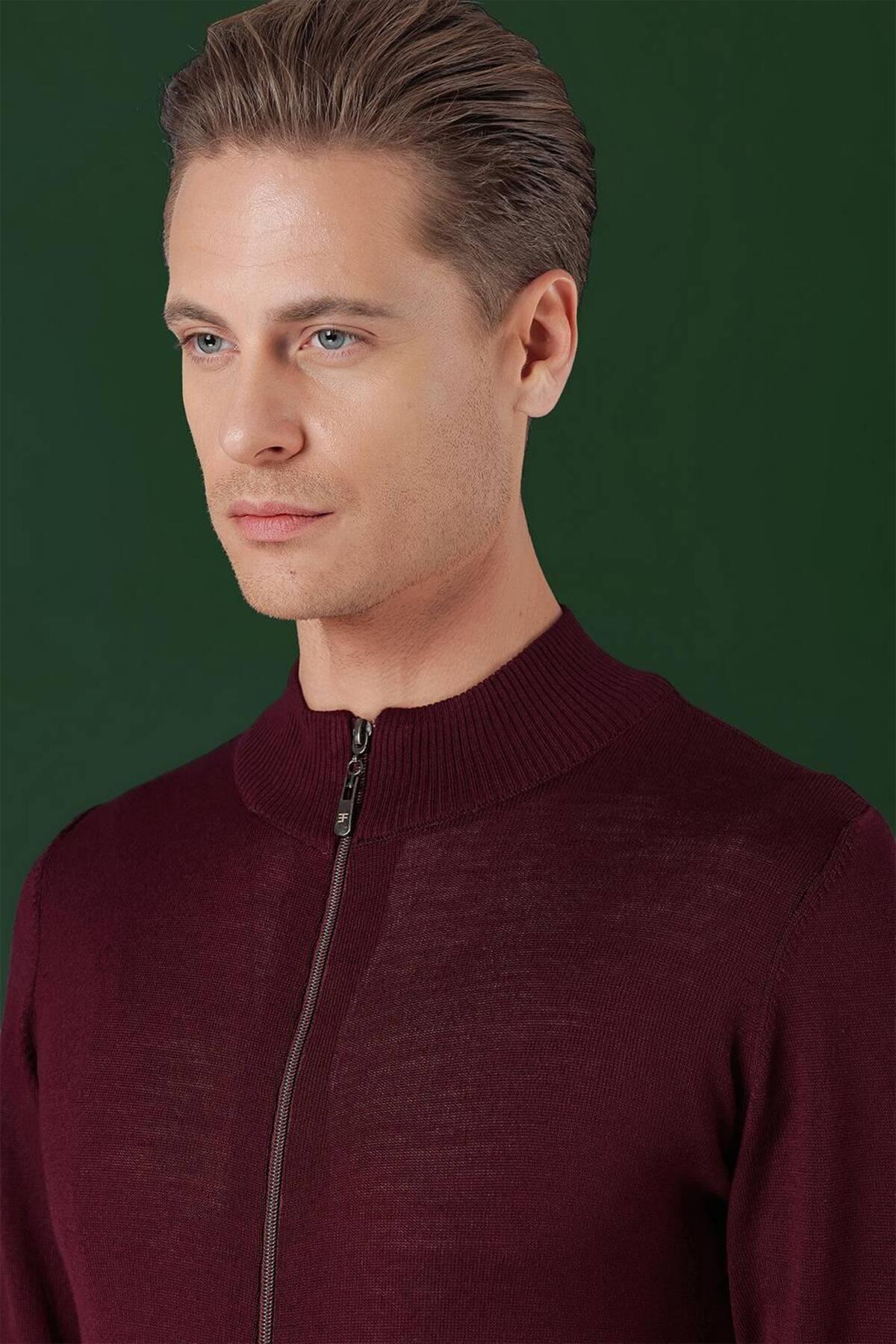 Efor Erkek Slim Fit Ribanalı Yünlü Fermuarlı Hırka Bordo Triko Kazak TR 860 görsel 8