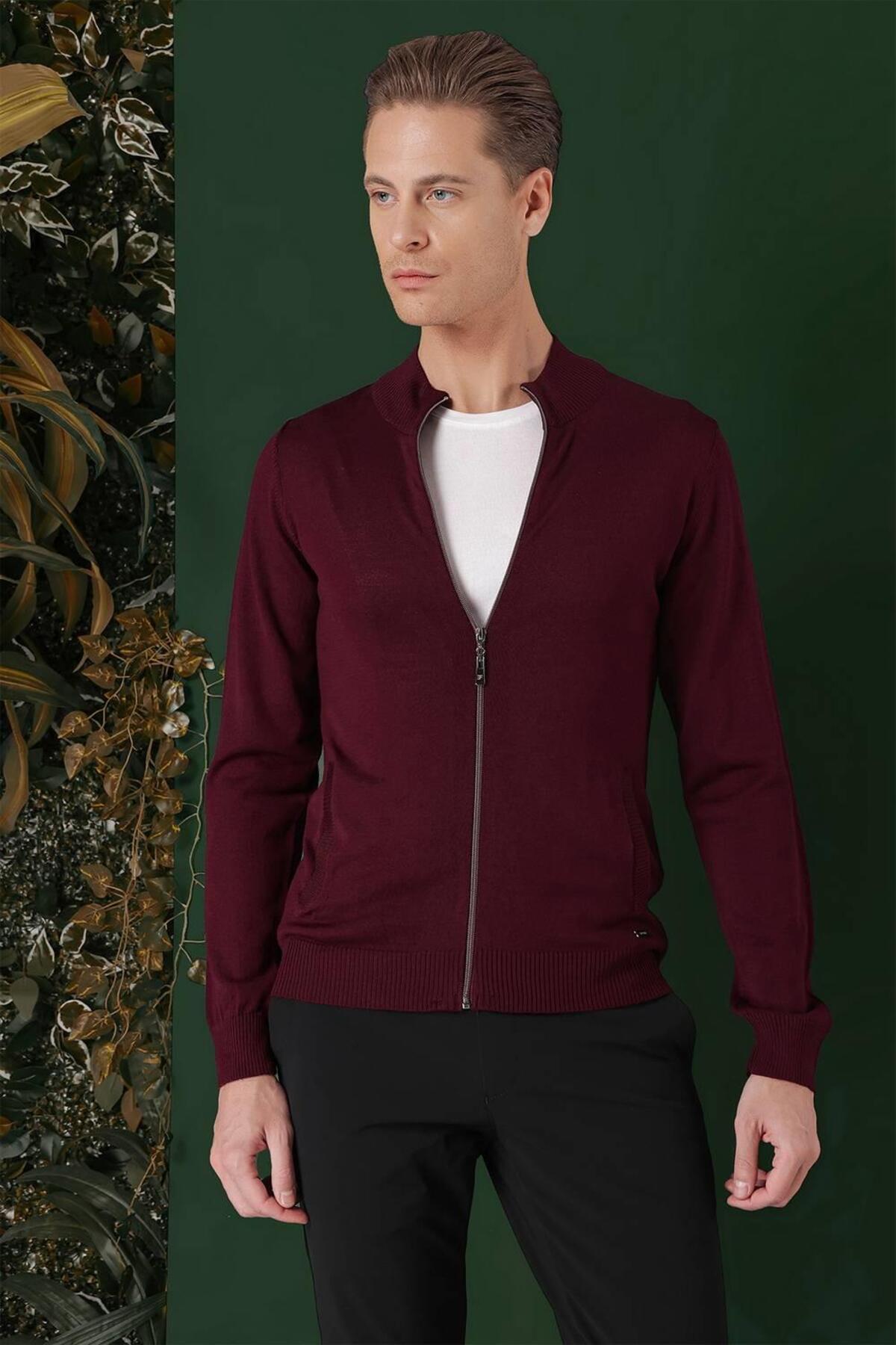 Efor Erkek Slim Fit Ribanalı Yünlü Fermuarlı Hırka Bordo Triko Kazak TR 860