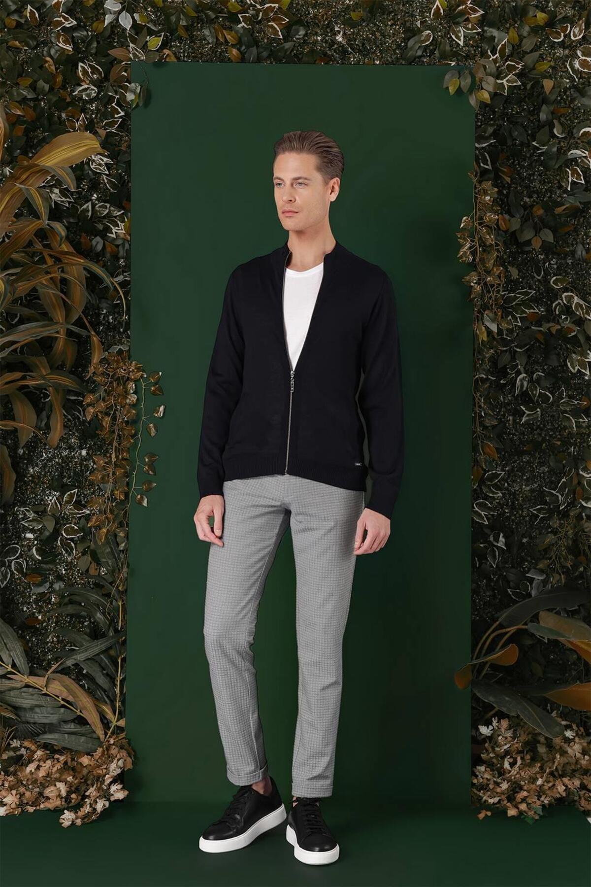 Erkek Slim Fit Ribanalı Yünlü Fermuarlı Hırka Lacivert Triko Kazak TR 860 — سرمه‌ای TR860K0823 — تصویر 5 از 5