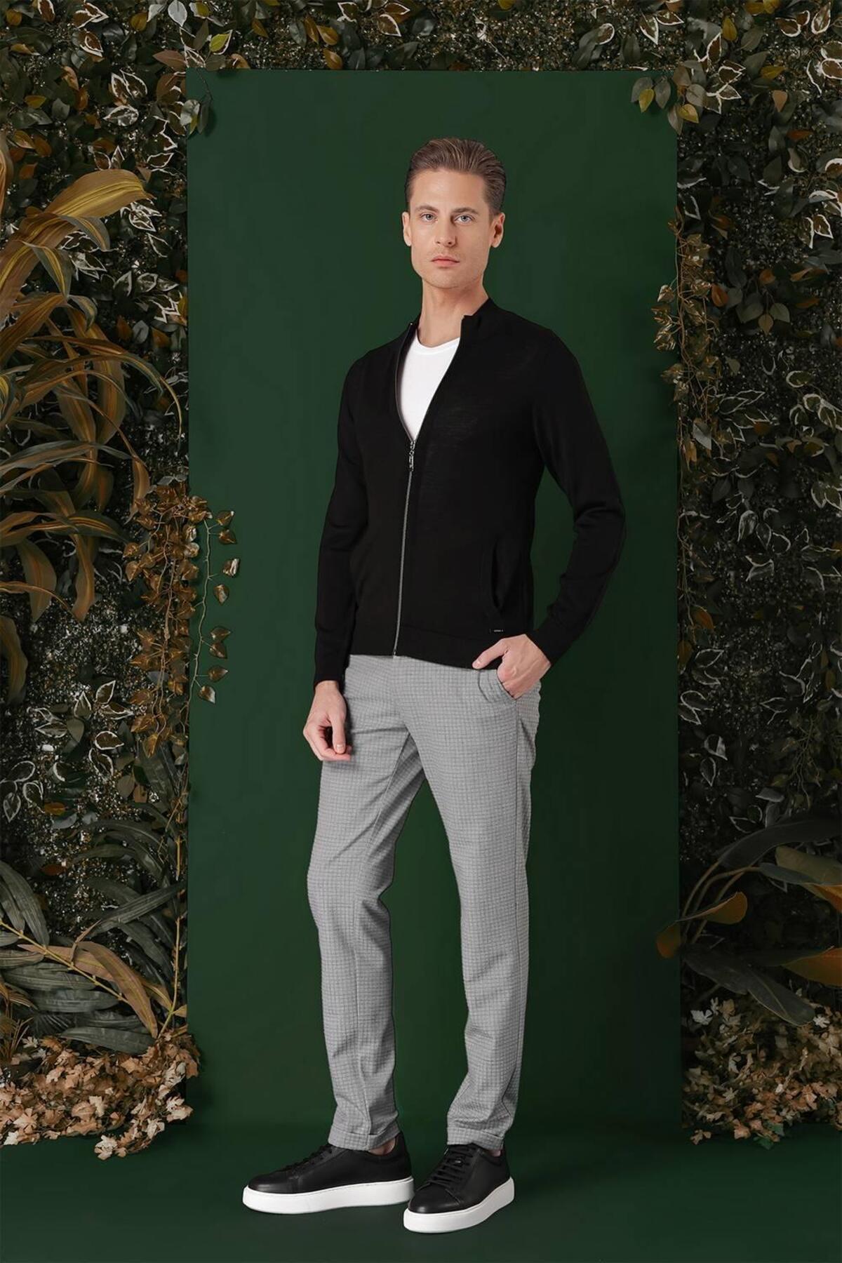 Efor Erkek Slim Fit Ribanalı Yünlü Fermuarlı Hırka Siyah Triko Kazak TR 860 görsel 6