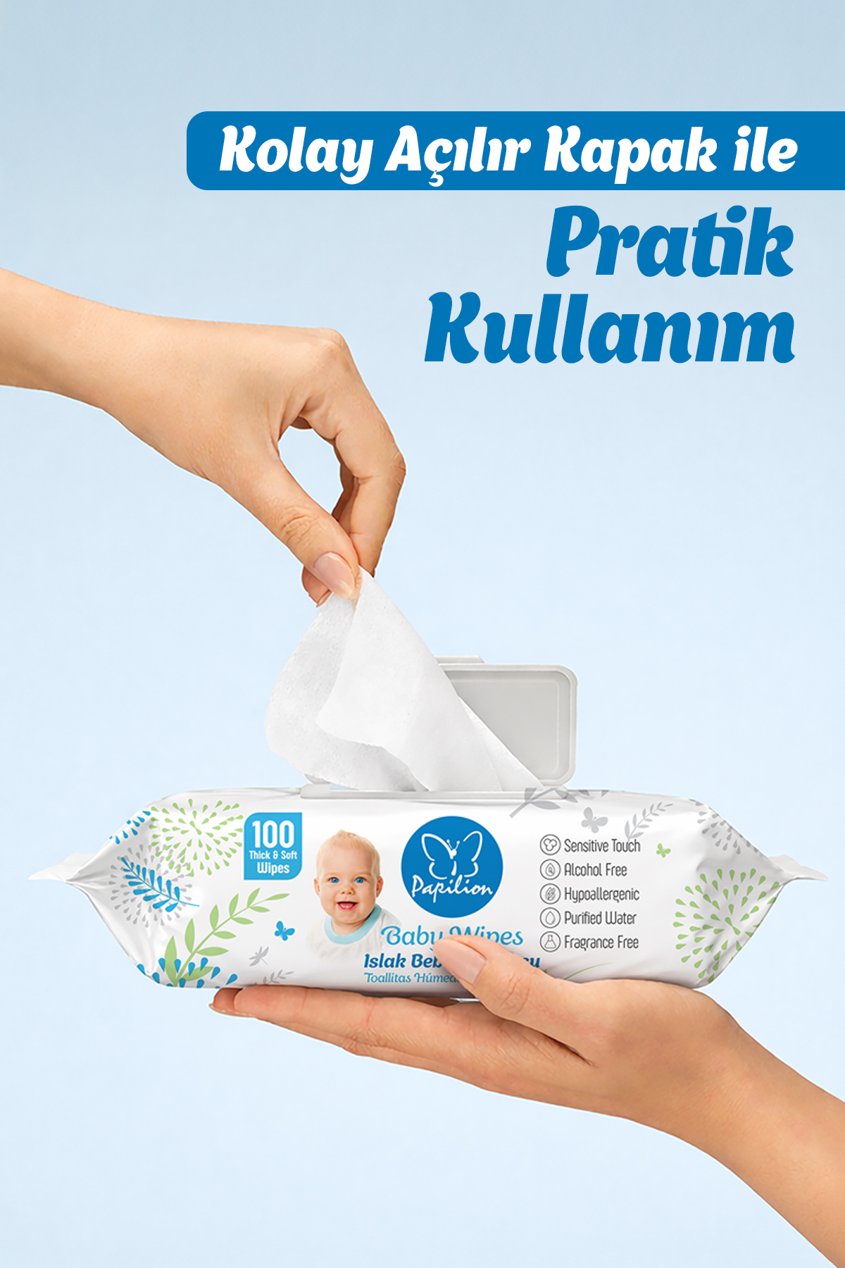 Papilion Baby Kokusuz Hypoallergenic Islak Bebek Havlusu Extra Kalın 6x100 – 600 Yaprak Ekonomik Set fotoğrafı 6 (önizleme)