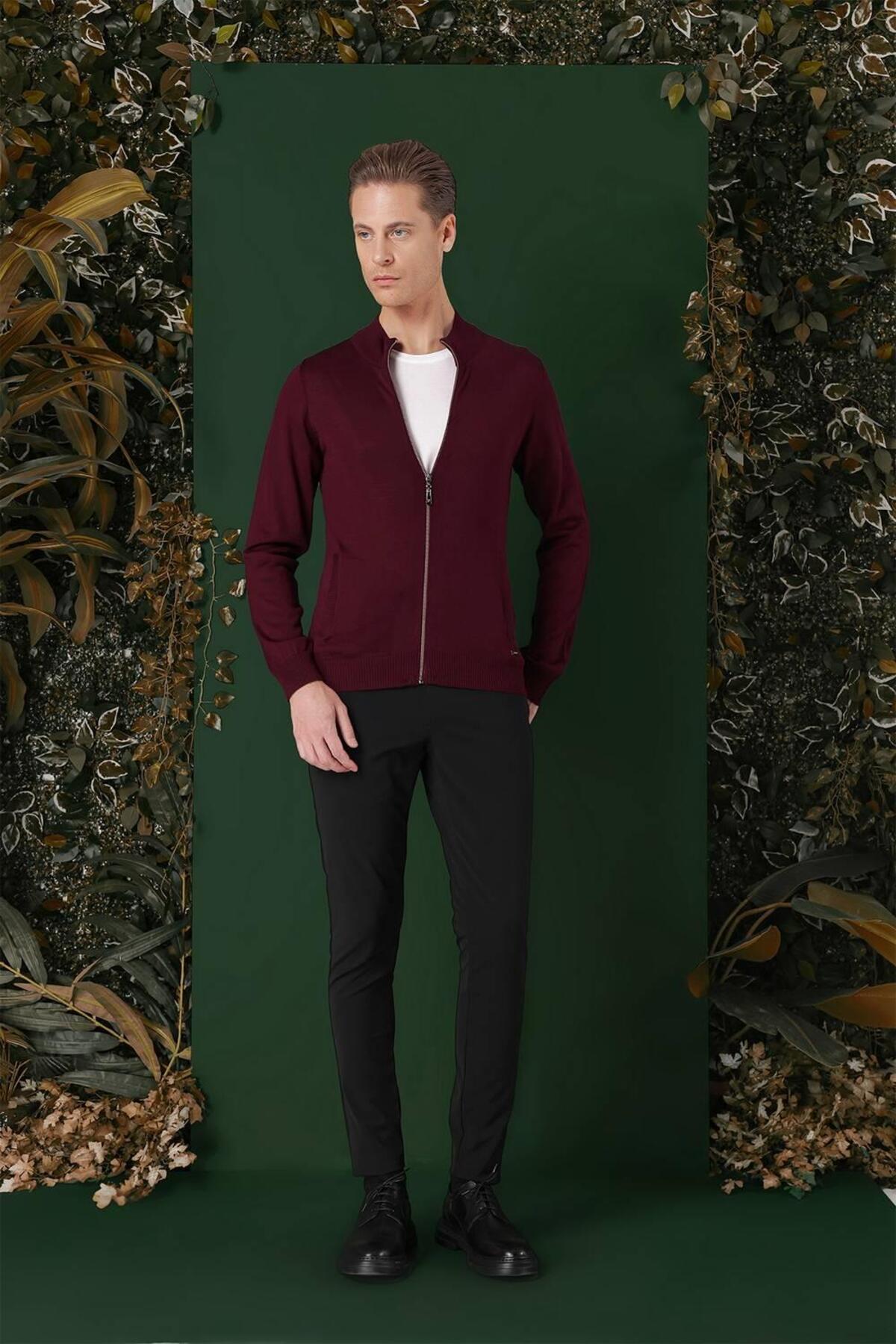 Efor Erkek Slim Fit Ribanalı Yünlü Fermuarlı Hırka Bordo Triko Kazak TR 860 görsel 5