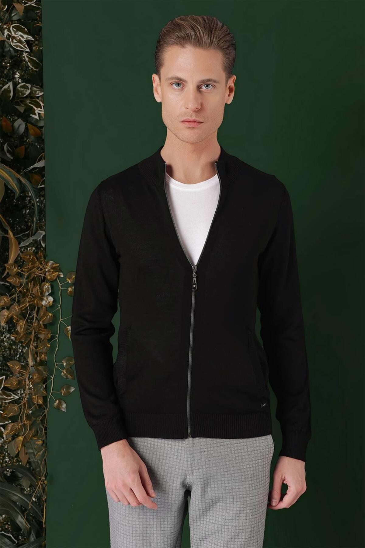 Efor Erkek Slim Fit Ribanalı Yünlü Fermuarlı Hırka Siyah Triko Kazak TR 860 görsel 4
