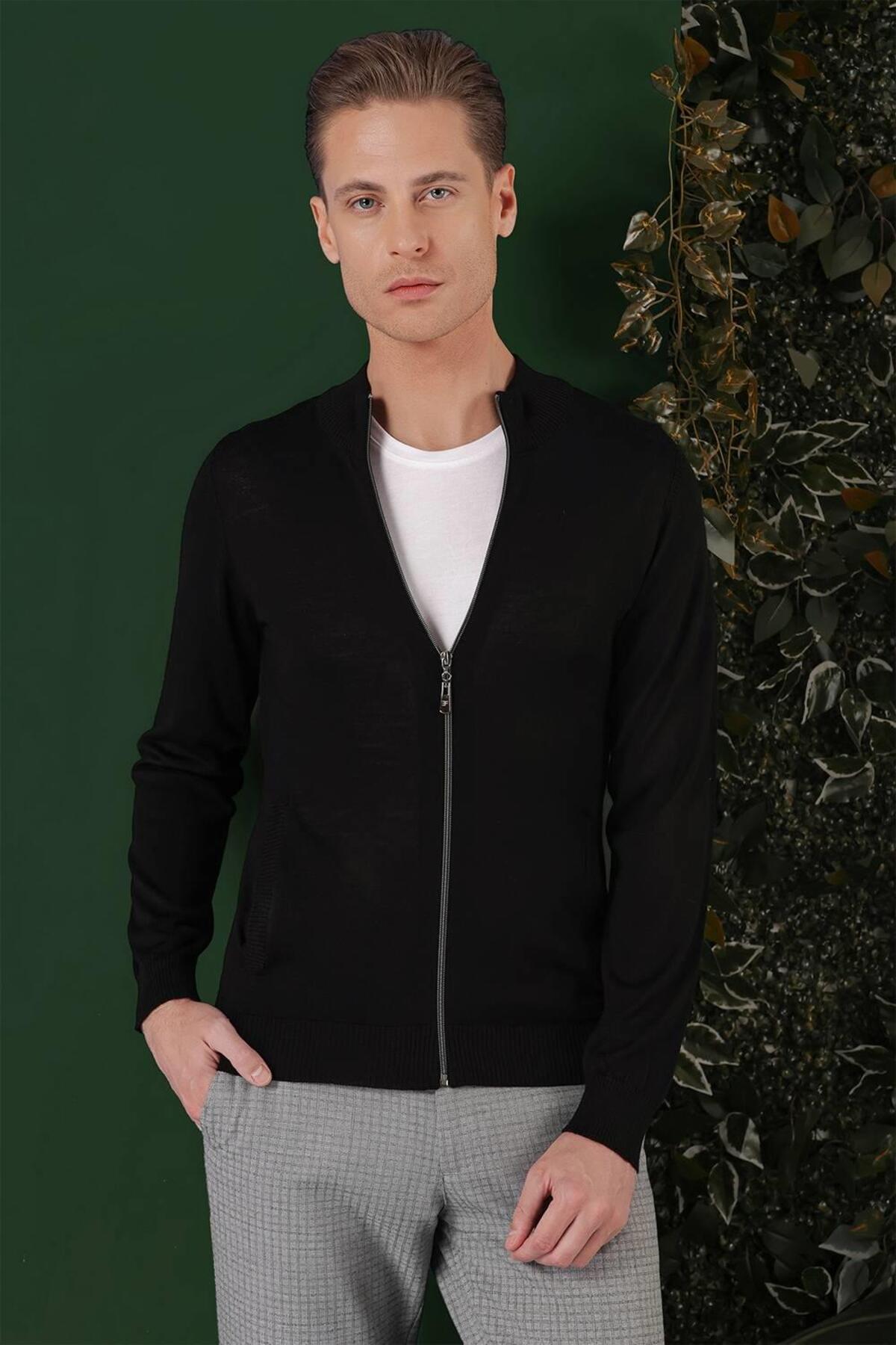 Efor Erkek Slim Fit Ribanalı Yünlü Fermuarlı Hırka Siyah Triko Kazak TR 860