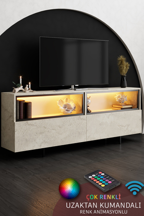 Modatte EKOL TV ÜNİTESİ LED IŞIKLI DEMİR AYAKLI ÇOK AMAÇLI DOLAPLI TRAVERTEN ...