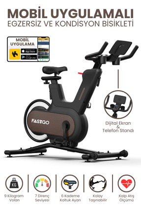 FASTGO Uygulama Destekli Elektro Manyetik Spin Bisiklet Ekranlı 9kg Volan Egz...