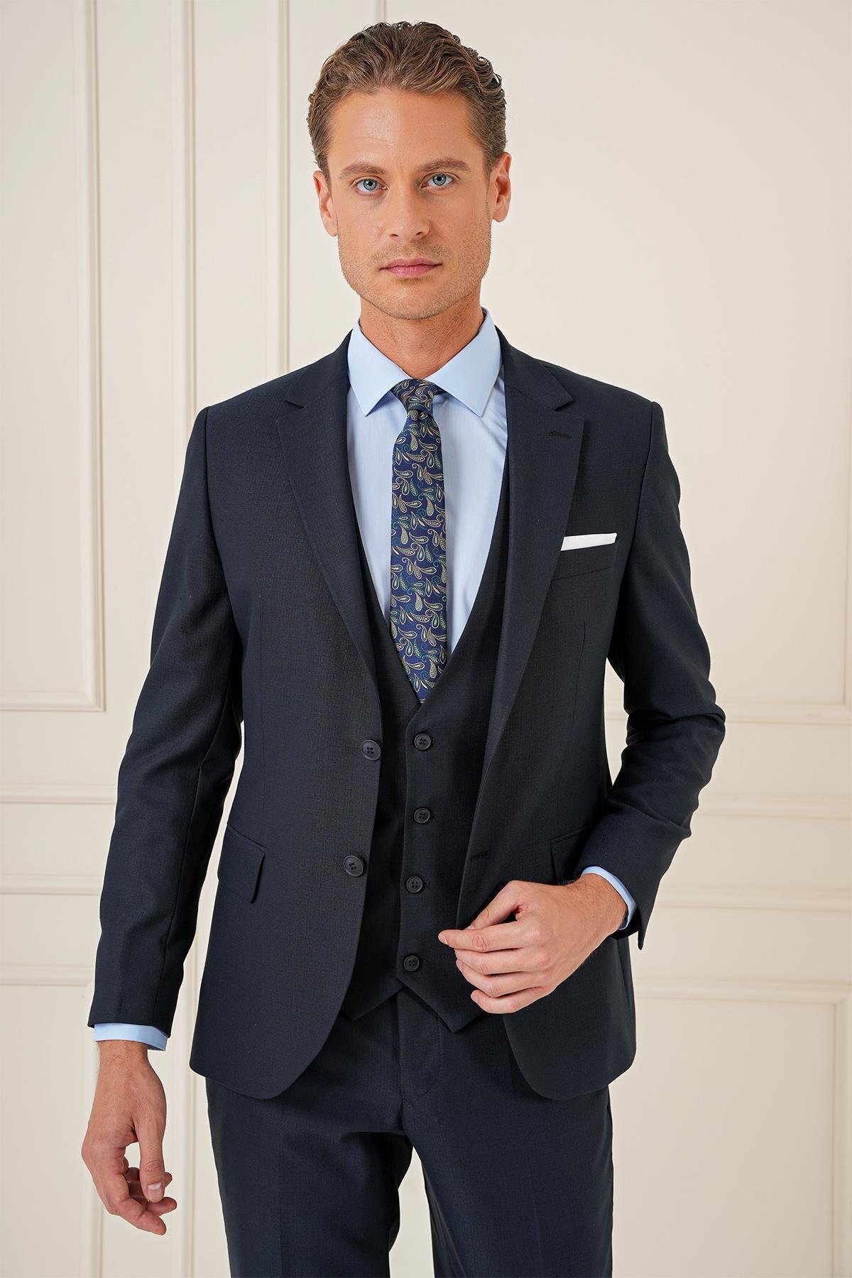 Efor  Slim Fit Çift Yıtmaç Lacivert Klasik Yelekli Takım Elbise TK 896 - Görsel 4