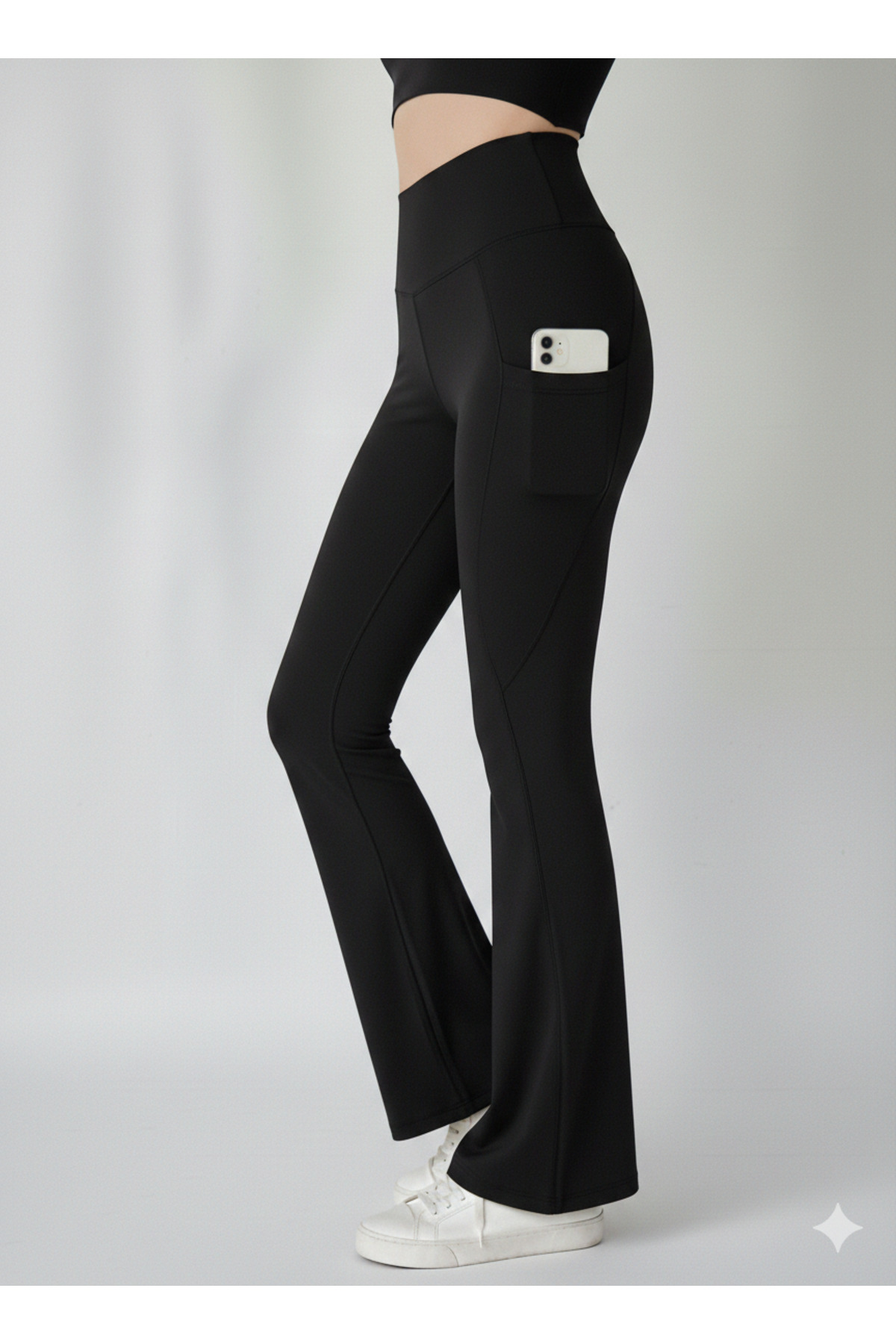 jeneric Women's Black High-Waisted Shaping Double-Pocket Flared Leggings