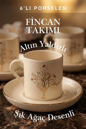 Mek life 6'lı Porselen Kahve Fincan Takımı - Altın Yaldızlı Hayat Ağacı Desen...