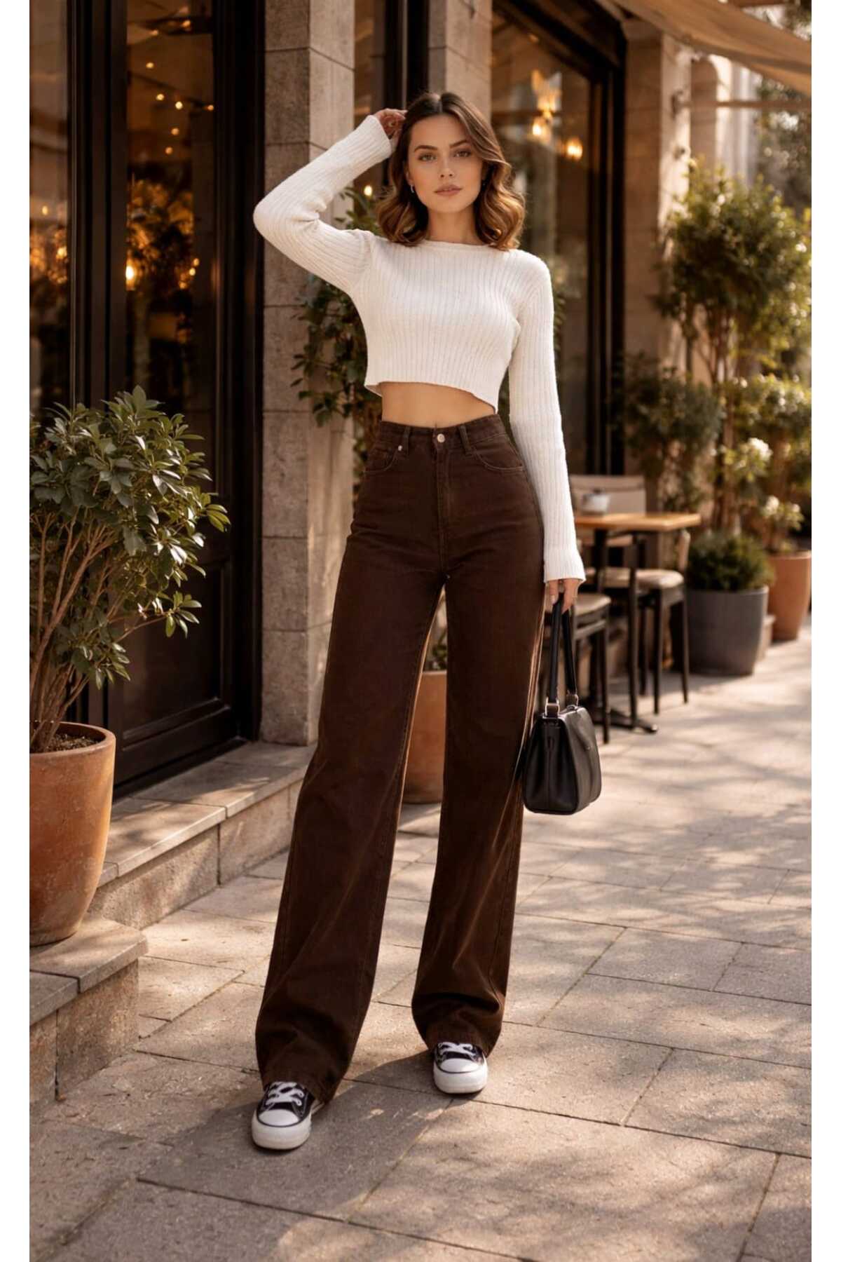 NWC  Bella Kahverengi Likralı Süper Yüksek Bel Salaş Paça Denim Palazzo Pantolon