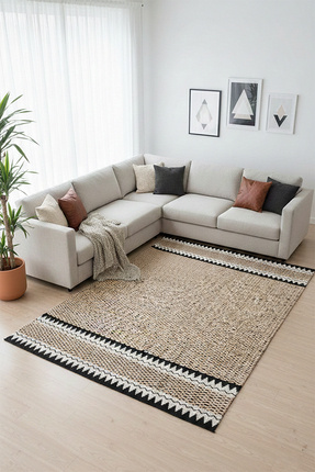 eco concept Dijital Baskı Jüt Görünümlü, Siyah Hasır Halı, Makinede Yıkanabil...