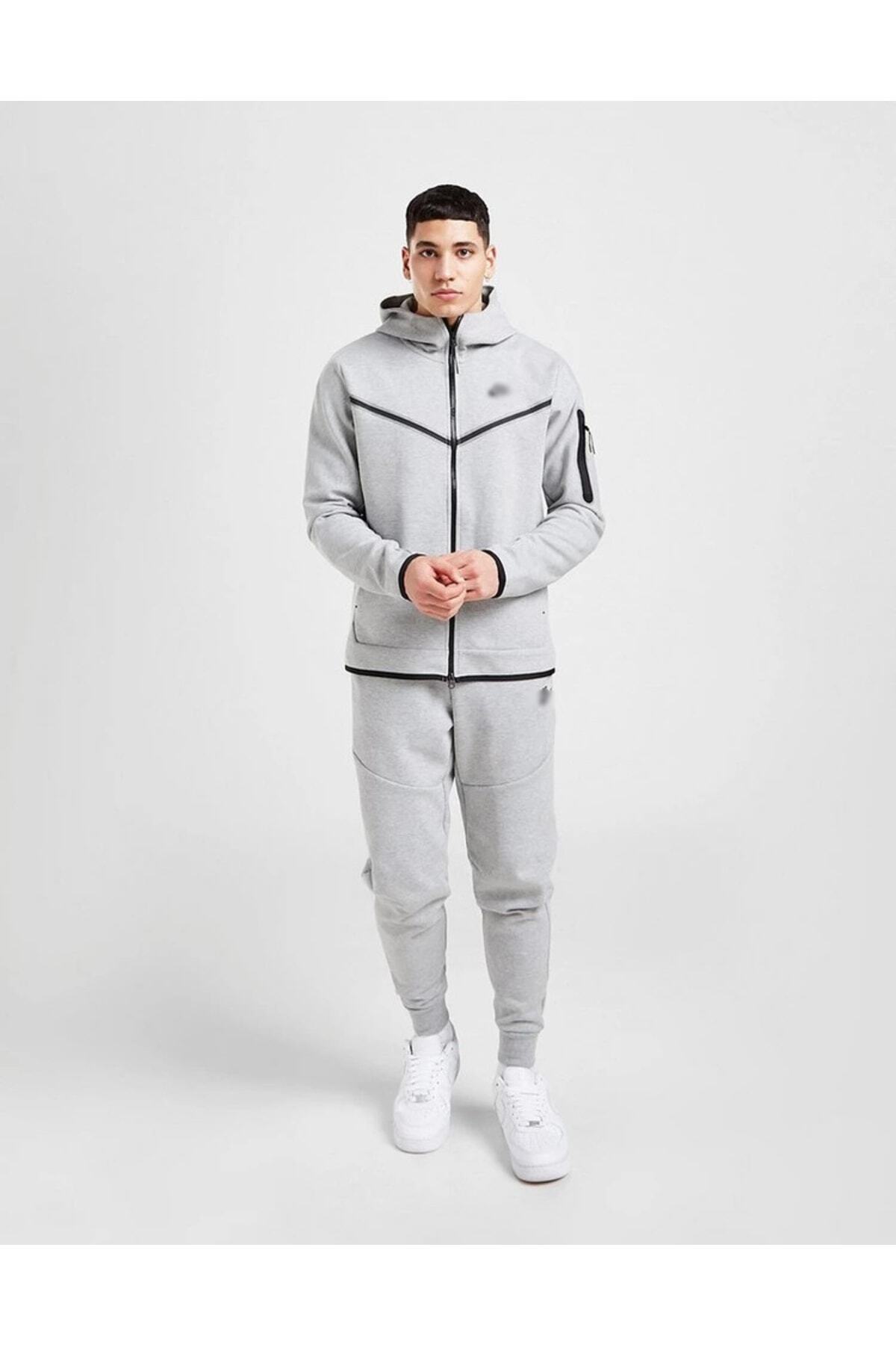 Genel Markalar Tech Fleece Double Face Yeni Sezon Erkek/Kadın Gri Eşofman Takımı görsel 5