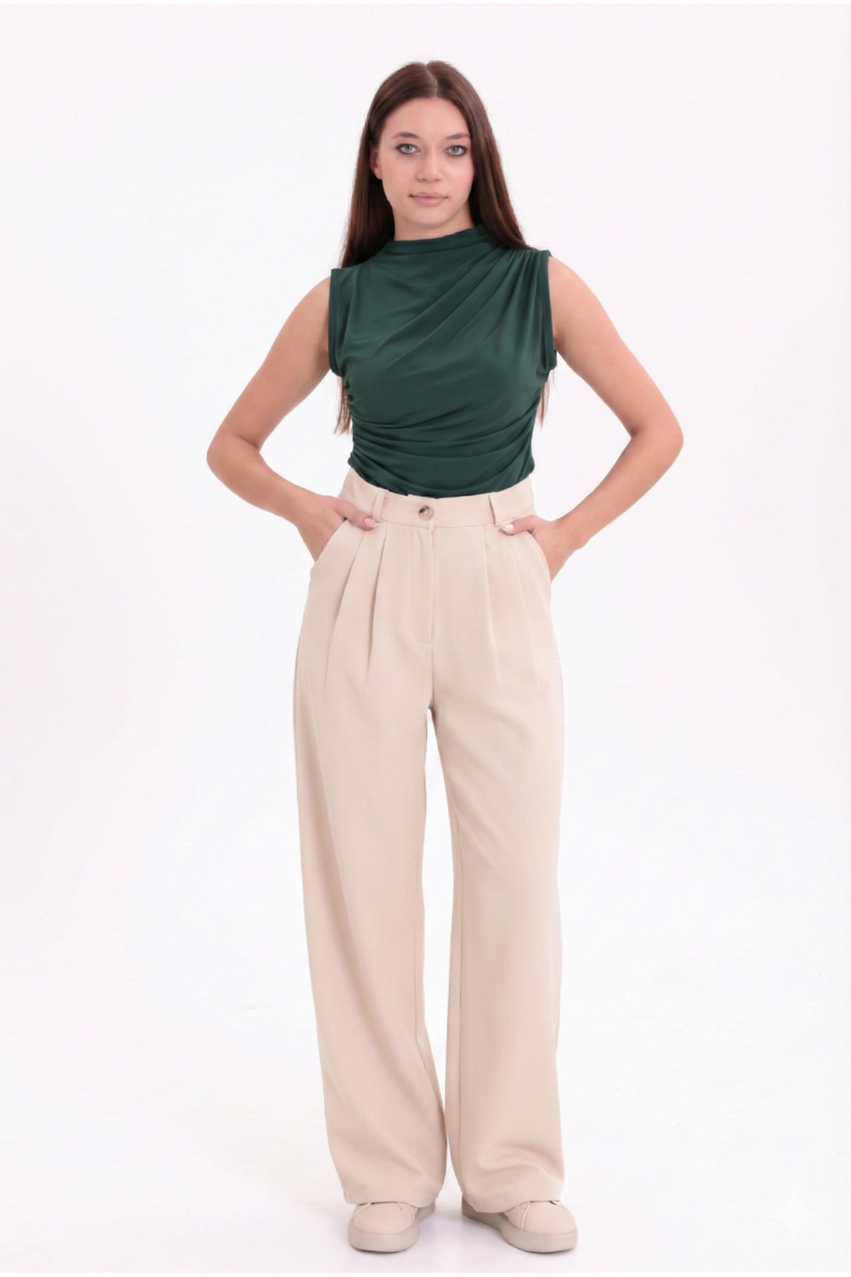 Women's Beige Pleated Fabric High Waist Palazzo Pants