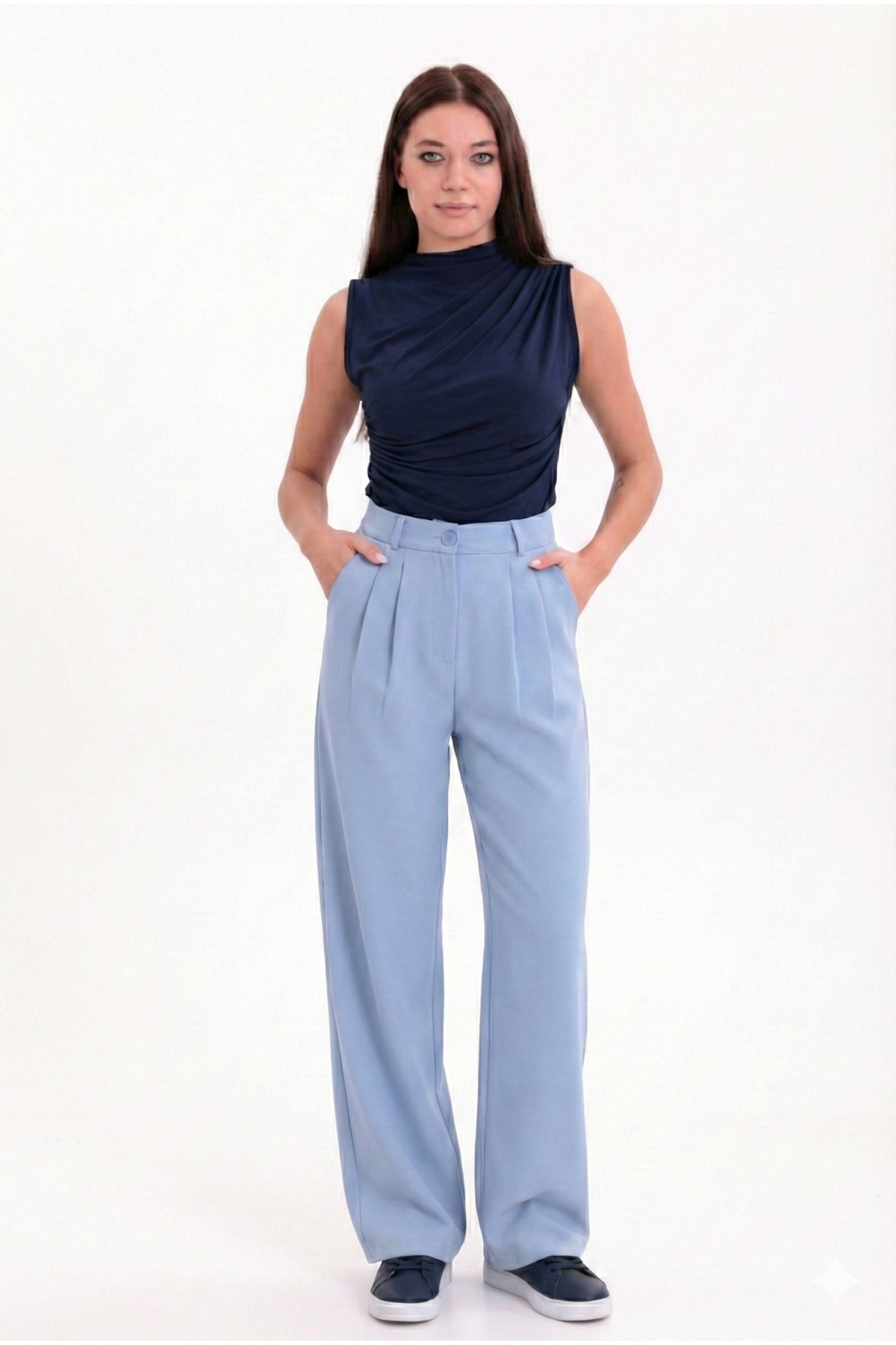 Women's Blue Pleated Fabric High Waist Palazzo Pants
