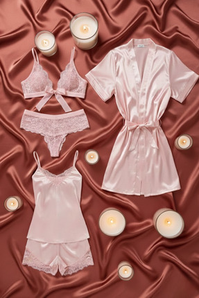 ZENCHES Kadın Saten 5’li Çeyiz Seti Pembe-Şortlu Gecelik Takım,Sabahlık ve Sü...