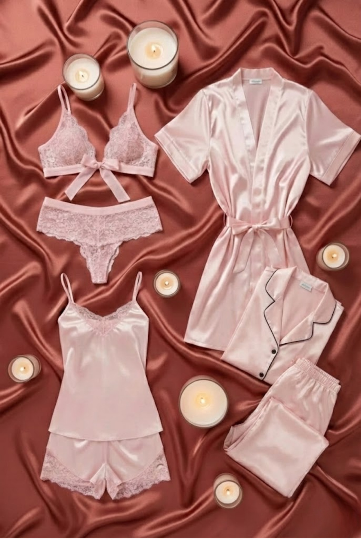 ZENCHES Kadın Saten 7’li Çeyiz Seti Pembe-Pijama Takımı,Şortlu Gecelik Takım,Sabahlık ve Sütyen Takım