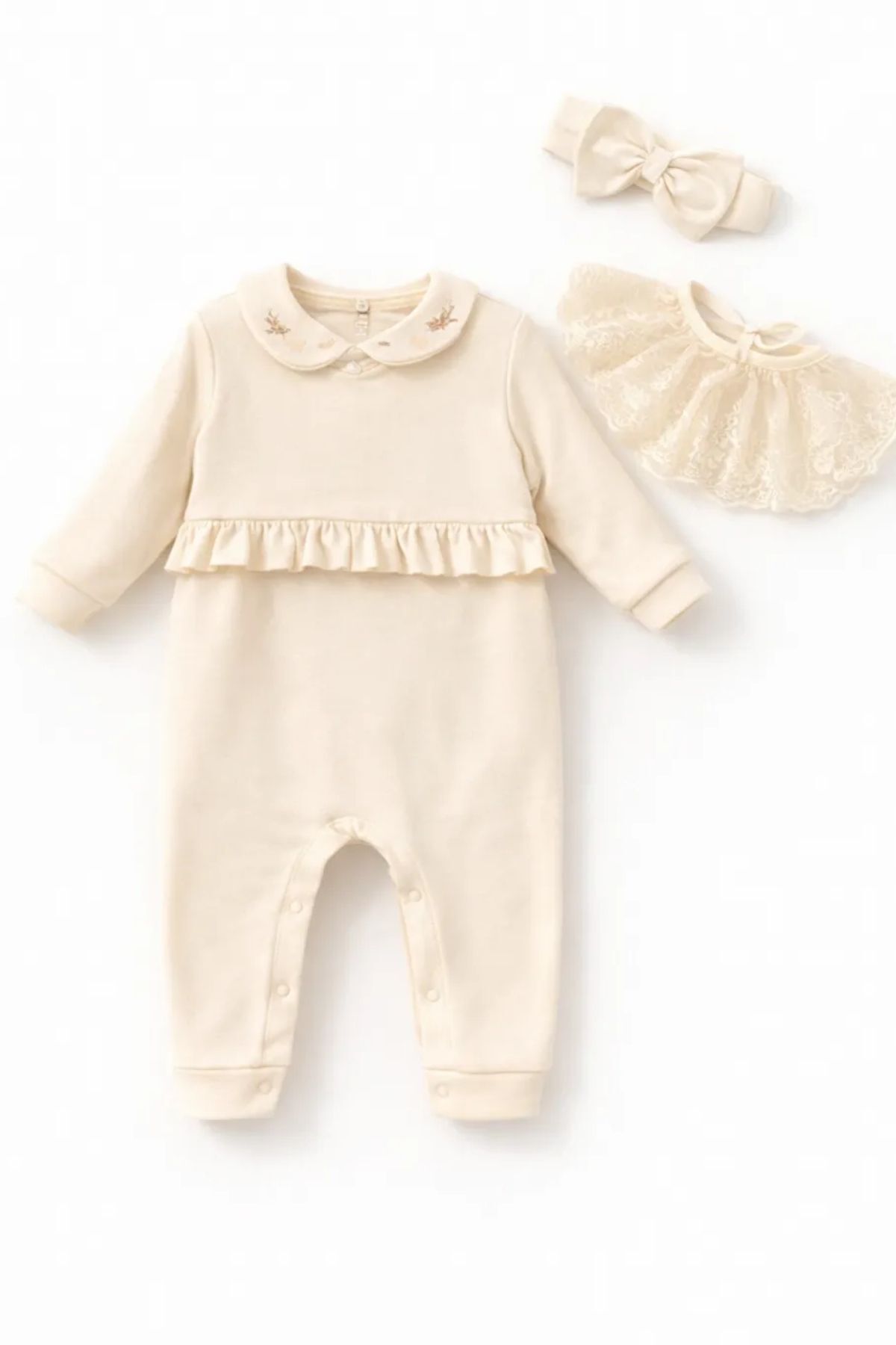 Minytrendy Kız Bebek Vintage Konsept Yenidoğan Tulum Bandanalı Mevlüt Kıyafeti Bayramlık Takım Hediyelik fotoğrafı 2 (önizleme)