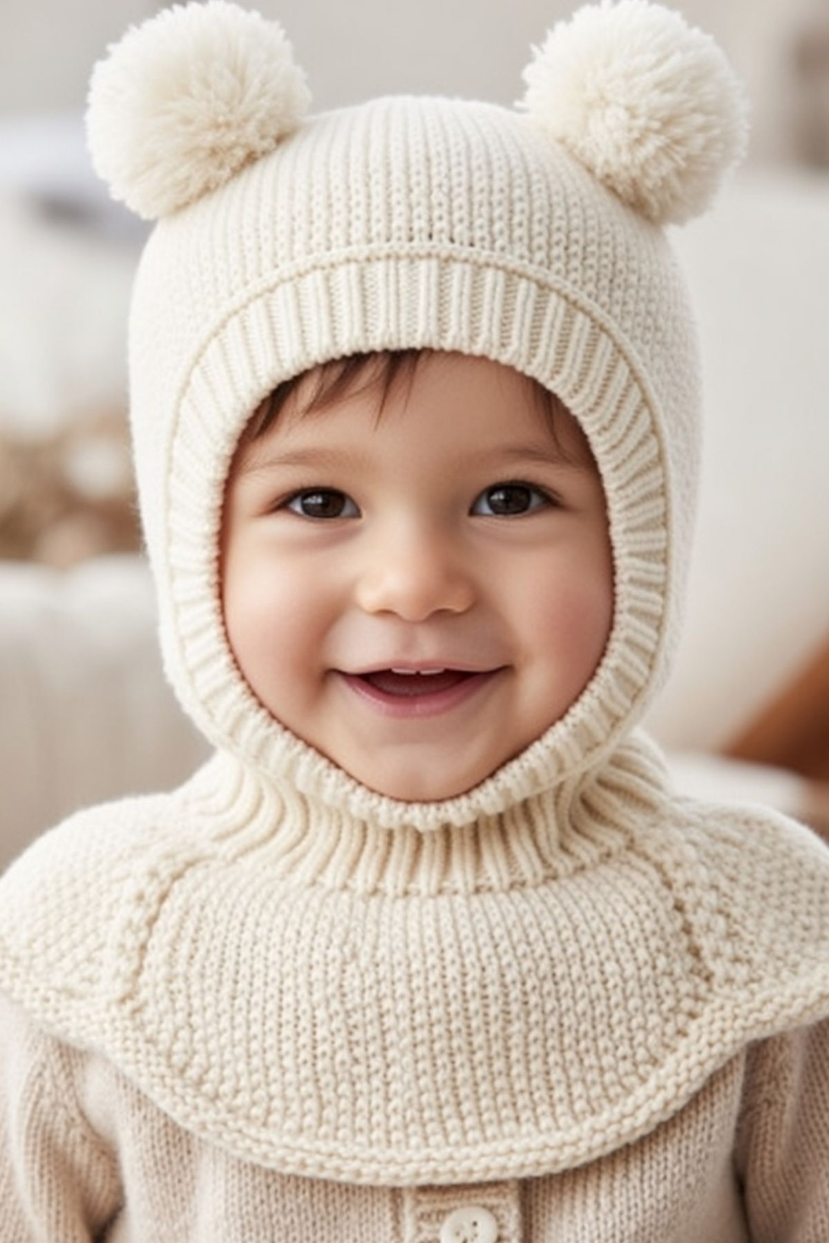 Minytrendy Kız Erkek Bebek Çocuk Omuzlu Triko Balaklava Bere Kar Maskesi Ponponlu Bere Ekru fotoğrafı 2 (önizleme)