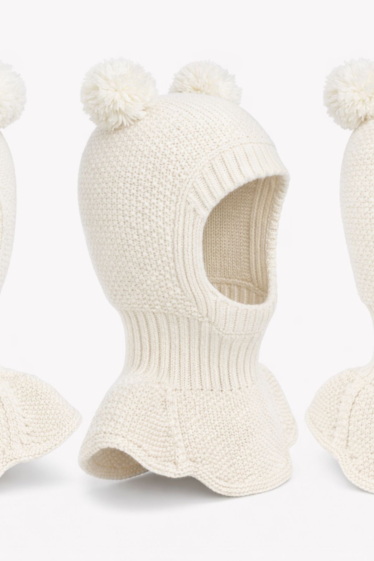 Minytrendy Kız Erkek Bebek Çocuk Omuzlu Triko Balaklava Bere Kar Maskesi Ponponlu Bere Ekru fotoğrafı 5 (önizleme)